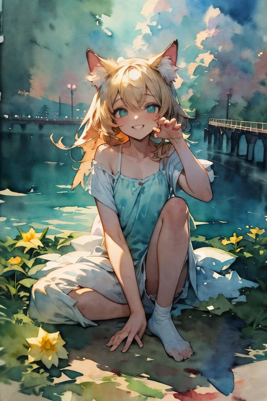 ((Masterpiece)), (Anime:1.5), ((best quality)), (RAW photo:1.2), (High Definition:1.3), (Professional Photography:1.2), (chromatic aberration), (watercolor only background:1.9),1girl, solo, ((12 years old)), put on cat ears, grin face, Full body, ((claw pose)), sitting on pier, (oversized white camisole), (aqua eyes), (daffodil), (hyacinth), signature, red flower, pale brown hair, long hair, green eyes, cute earring, scumulonimbus cloud, landscape, (on the Tip of the pier), the lake, (simple white background),
