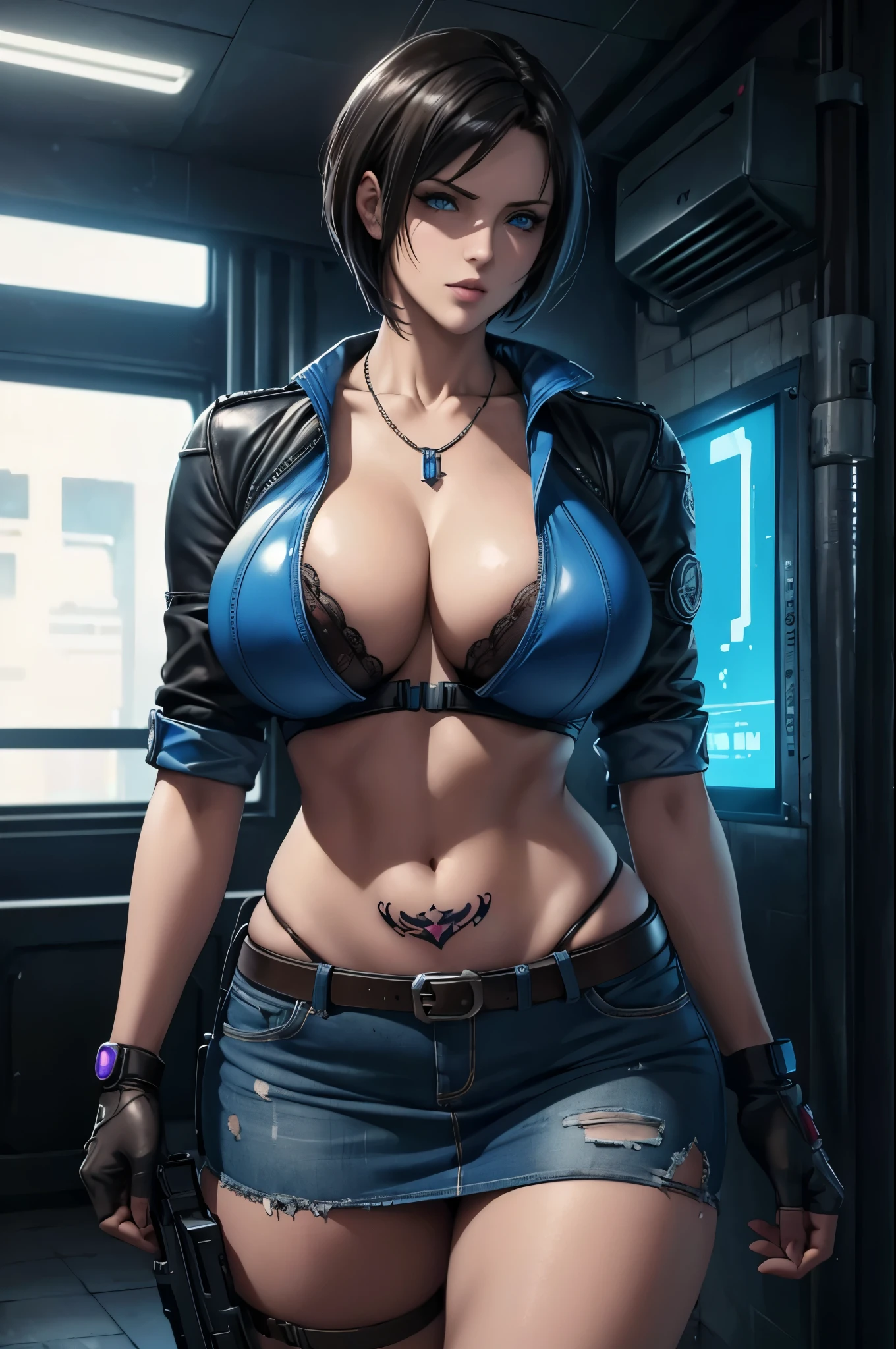 super fine illustration, ultra high resolution, masterpiece, highest quality, perfect shiny shinny skin, perfect lighting, detailed lighting, dramatic shadow, ray tracing, 1 beautiful milf, looking at the viewer, big breasts, exposed cleavage, beautiful detailed blue eyes, sharp face, clear eyes, long bangs, short cut hair, ((cyberpunk dark city)), cowboy shot, denim mini skirt, necklace, Jill Valentine - Resident Evil Series, ((tattoo)),