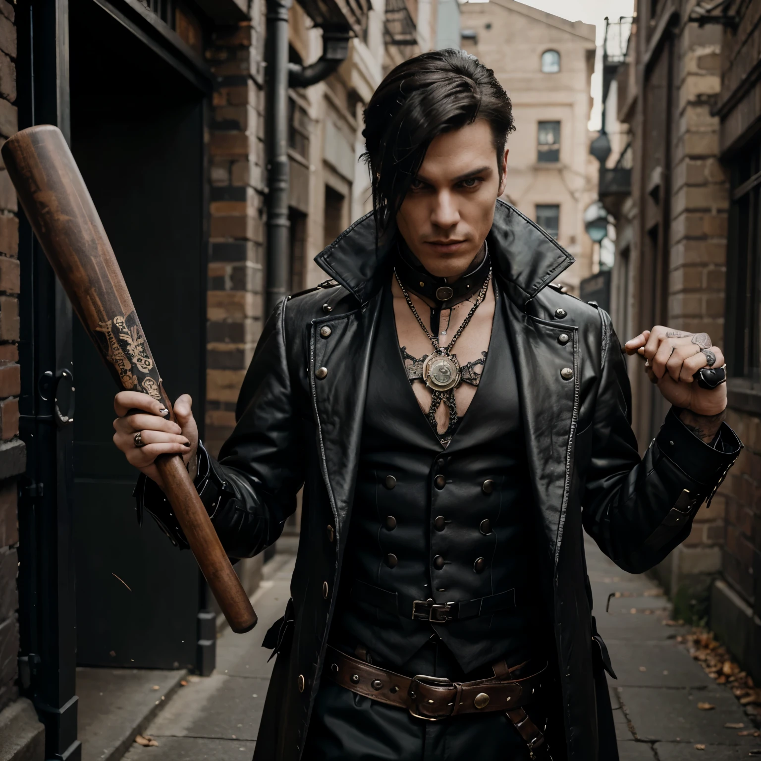 A male steampunk villain character who has a sense of gothic fashion and slightly gangster vibes who holds a baseball bat...