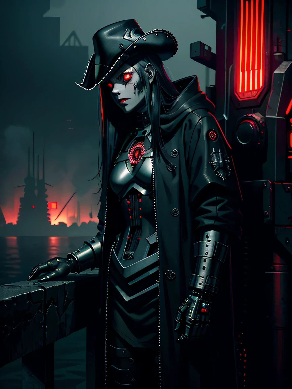 (((dark cyberpunk horror art))), ((gloomy atmosphere)), beautiful anime girl, mechanized girl, (iron skin), (metallic skin), (steel plating), iron hair, pirate cocked hat, cocked hat, embossed bracers, smooth lines, smooth engraving, long robe, long hood, on a ship, deep gray ocean, cold night, dark sky, gloomy sky, ((cold lighting)), horror atmosphere, extremely detailed, highly detailed art, (highly detailed background)
