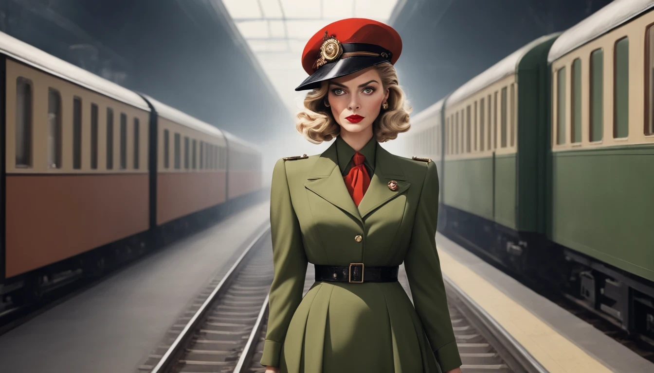 mulher araffe, (Kelly McGillis) (27 anos) com vestido Vermelho, The skirt is long to the floor and the hat touches the train., Roupas estilo anos 1930, dressed like in the 1940s, Vestido Caramelo escuro, por Anna Haifisch, por Emma Andijewska, Dieselpunk Station, Anna Nikonova, roupas verde-escuras ornamentadas, Moda vintage, 1920s Vibes