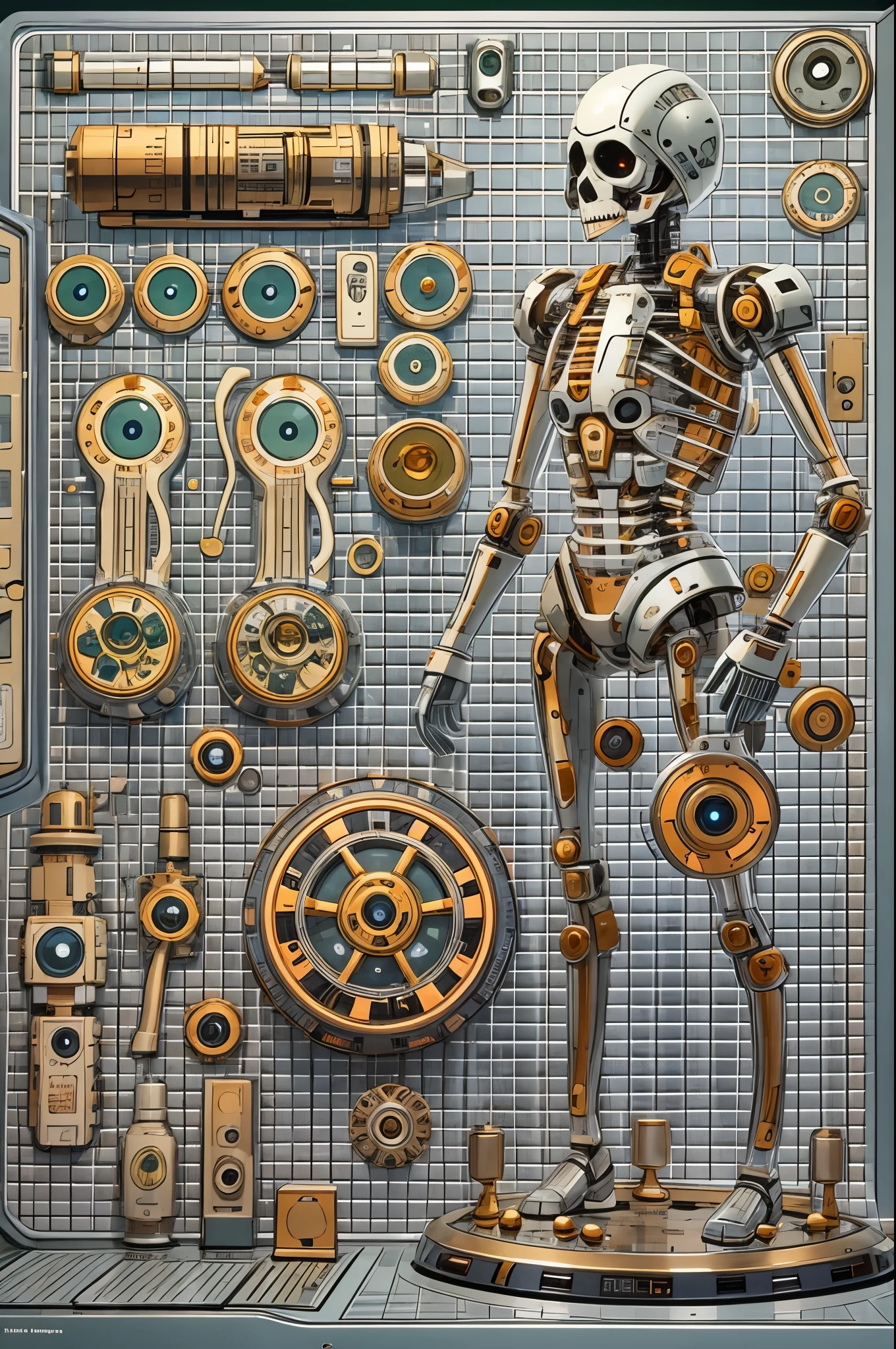 Mechanical doll，A delicate and complex mechanical structure，The skeleton of the doll，Made of various gears、Composed of spring and connecting rod，Streamlined shell、Smooth metal surfaces and LED lighting accents，Eyes twinkling，