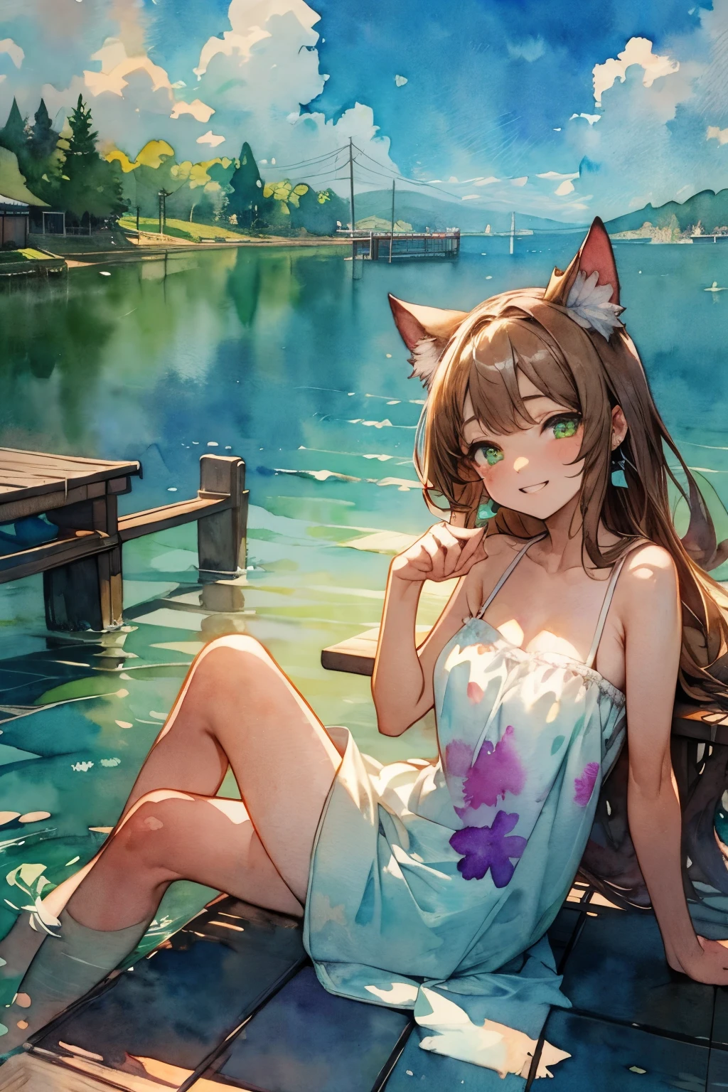 ((Masterpiece)), (Anime:1.5), ((best quality)), (RAW photo:1.2), (High Definition:1.3), (Professional Photography:1.2), (chromatic aberration), (watercolor only background:1.9),1girl, solo, ((12 years old)), put on cat ears, grin face, Full body, ((paw pose)), sitting on pier, (oversized white camisole), (Beautiful iolite eyes:1.5), (daffodil), (hyacinth), signature, red flower, pale brown hair, long hair, green eyes, cute earring, scumulonimbus cloud, landscape, (on the Tip of the pier), the lake, ((simple white background)),