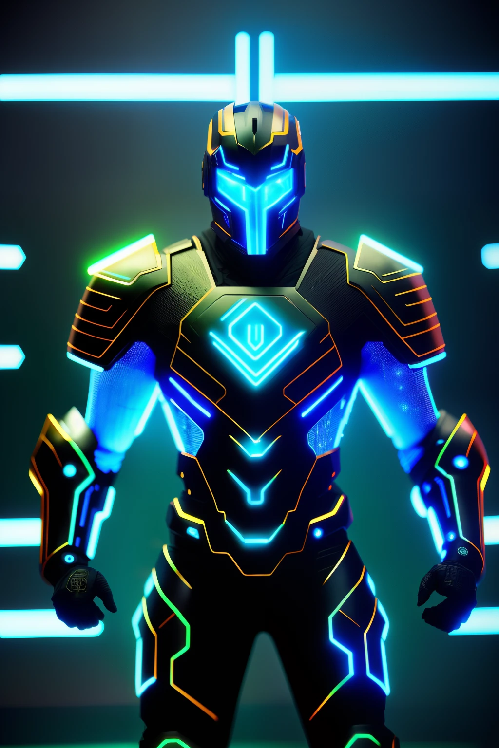 A glowing soldier from Tron: Ares Edition, radiating an ethereal light with circuit-like patterns illuminated on his body, a detailed armor suit with energy lines flowing, reminiscent of the futuristic world of Tron, high intensity neon background, intensely focused gaze towards the viewer, full body portrayal in a hyper-realistic style, bright and crisp image in 8k resolution.