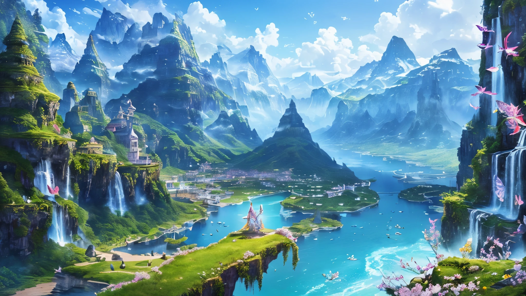 ((highest quality)),(ultra high resolution),(Super detailed),(detailed description),((best CG)),(best work of art),super precision art,amazing drawing art,(Fantasy art with precise details:1.5), Utopia of eternal spring,coloured butterflies、The blue sky spreads everywhere、clear stream、small flowers々、