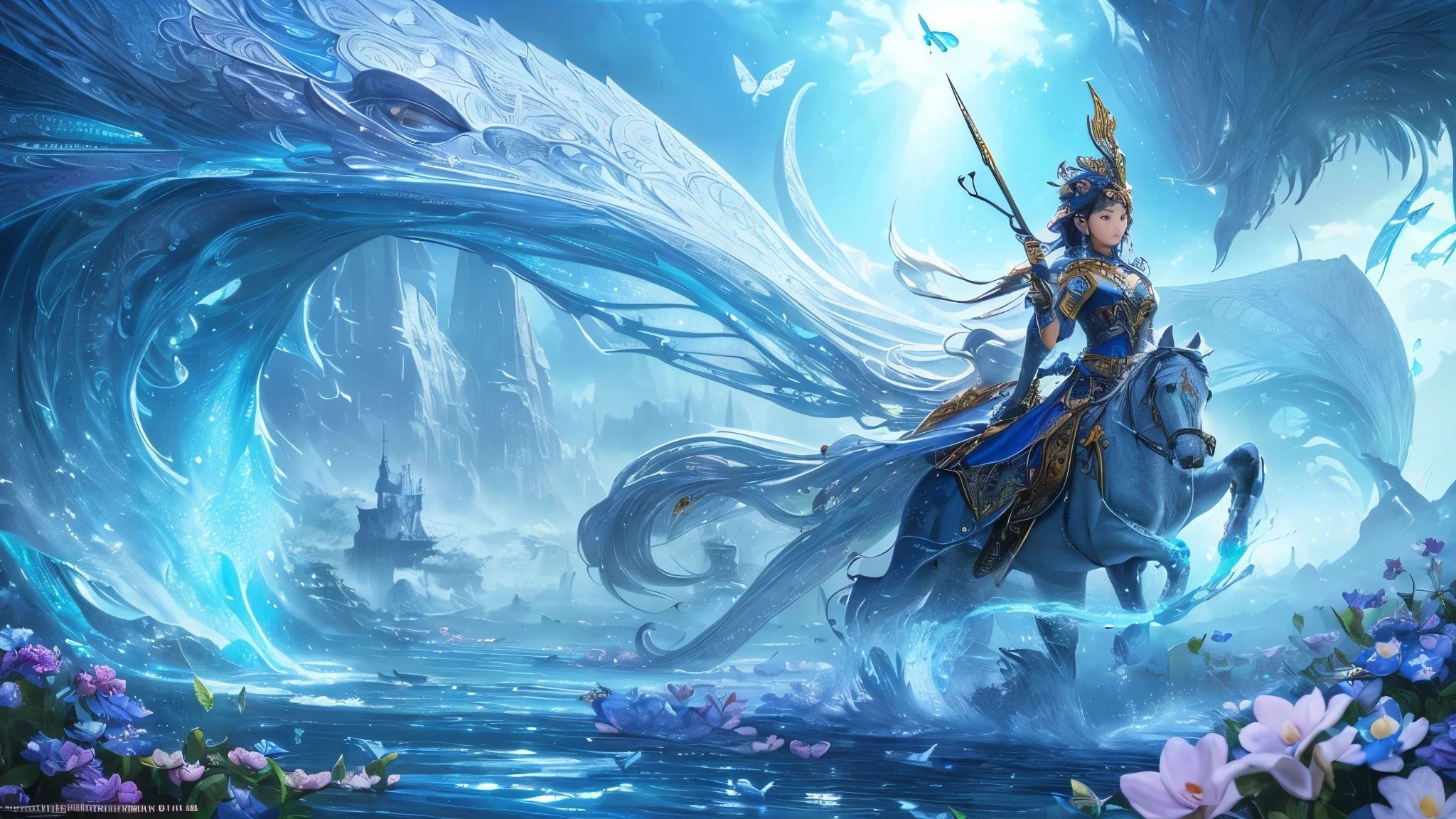 ((highest quality)),(ultra high resolution),(Super detailed),(detailed description),((best CG)),(best work of art),super precision art,amazing drawing art,(Fantasy art with precise details:1.5), Utopia of eternal spring,coloured butterflies、The blue sky spreads everywhere、clear stream、small flowers々、