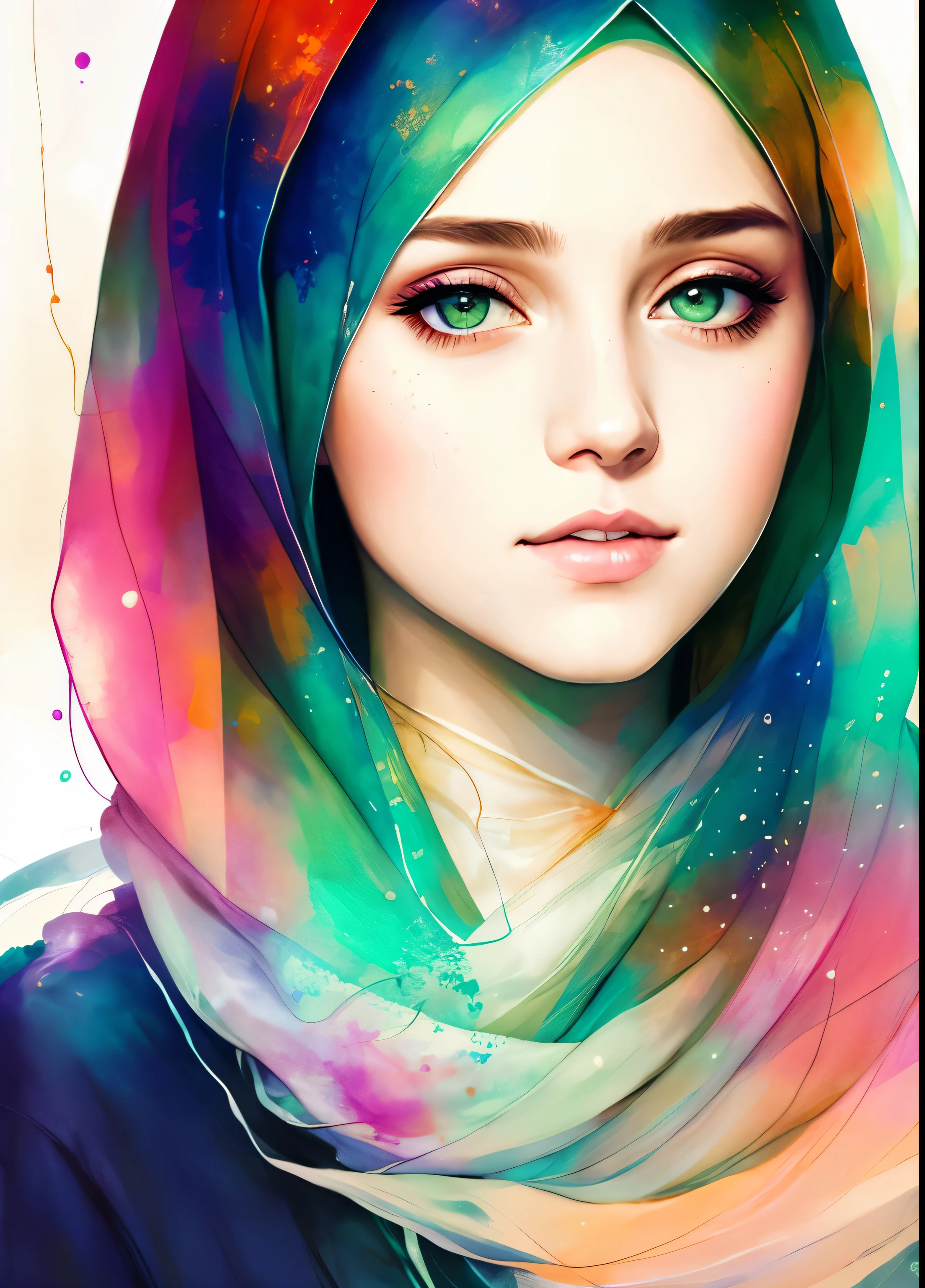a hijab woman by agnes cecile, luminous design, pastel colours, ink drips, autumn lights