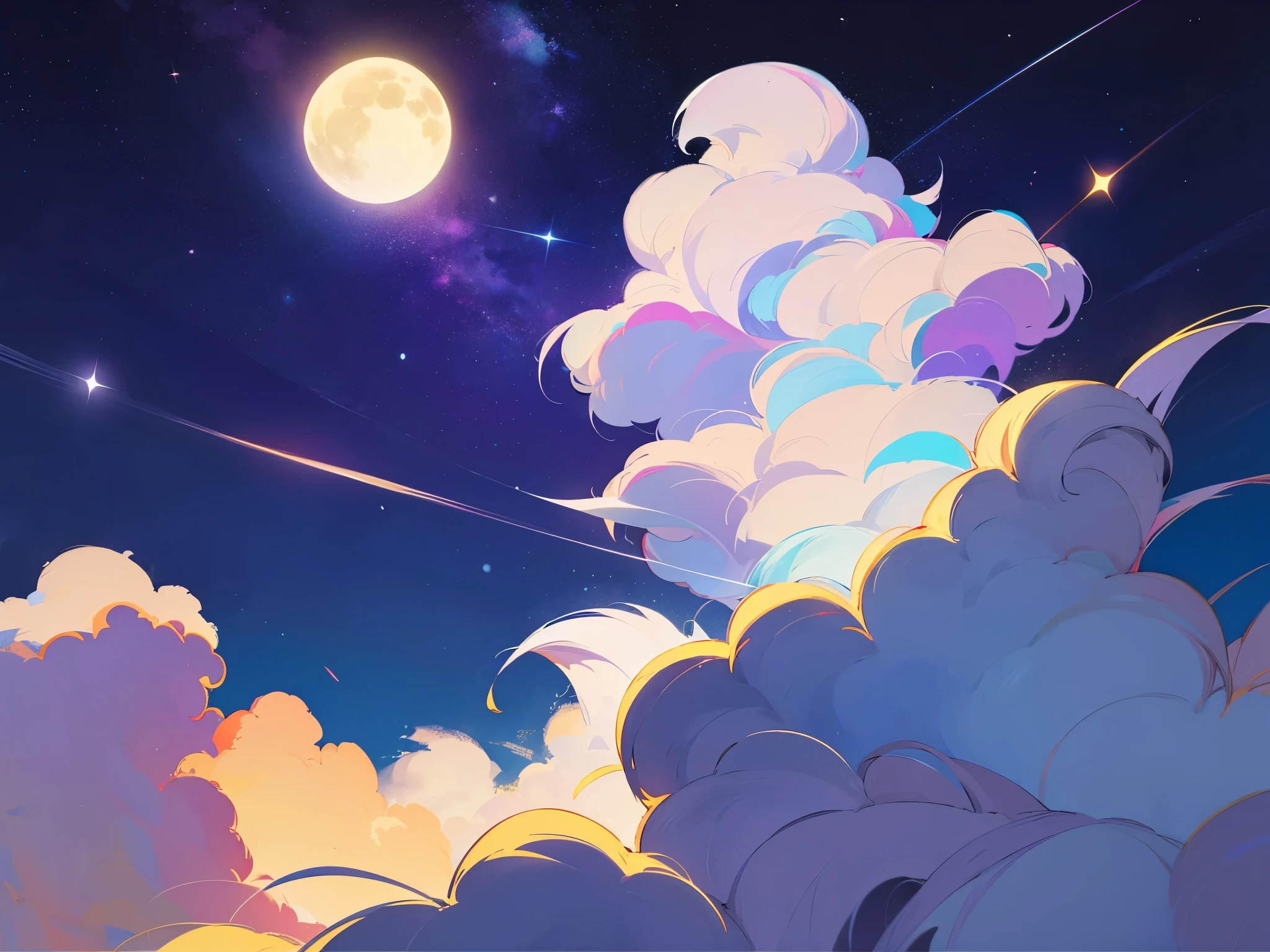 Cielo nocturno, luna llena , estrellas de colores y nubes moradas 