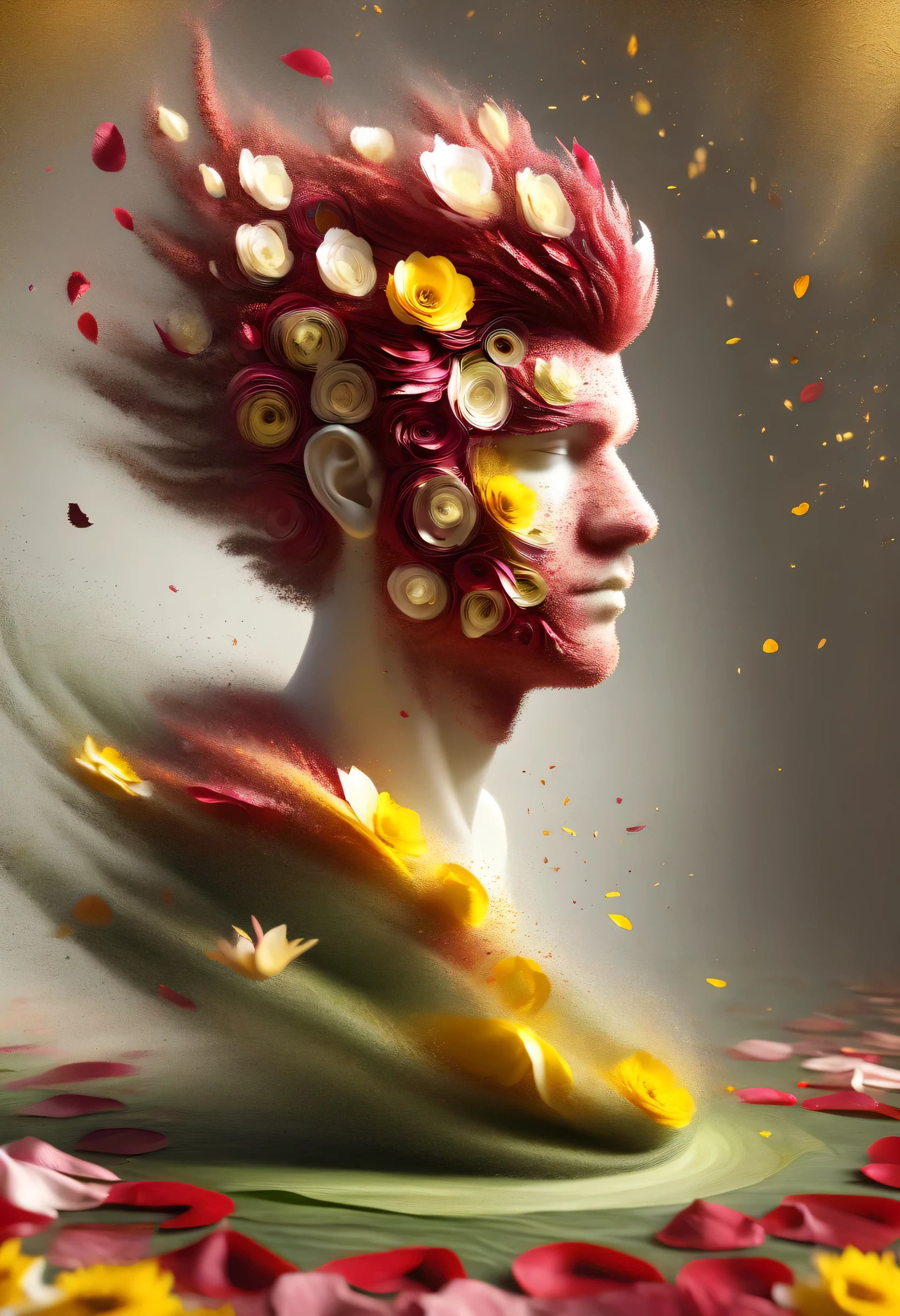 (Illusion d'optique:1.4), a boy made of petals, Art conceptuel, (best quality, chef-d'ouvrages d'Art, Representative work, Art officiel, professionnel, 8K)