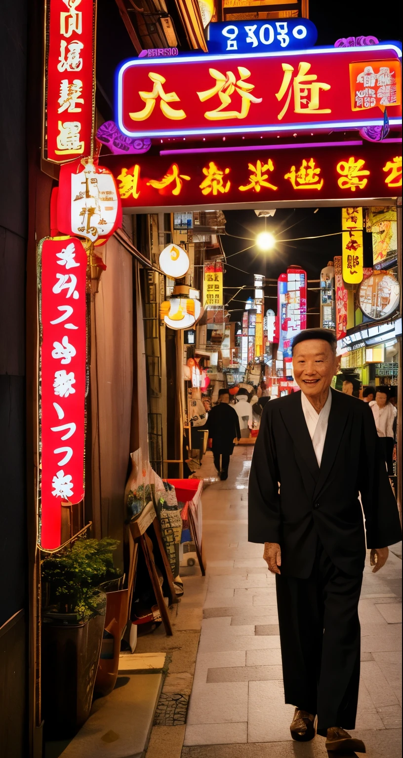 Enhance the scene further by making the streets of the 1960s Osaka drinking district even more lively and bustling, filled with people and neon lights. Adjust the man's appearance to be more rugged and mature, moving away from the handsome look to embody a more weathered, seasoned character with a strong presence. He still holds the baby and wears the traditional yukata, but his features are now more defined, with a stern expression that reflects his life experiences. The vintage Kodak camera effect remains, adding a grainy texture and a sepia tone to capture the atmosphere of the era, making the scene more vibrant yet maintaining its cinematic depth.