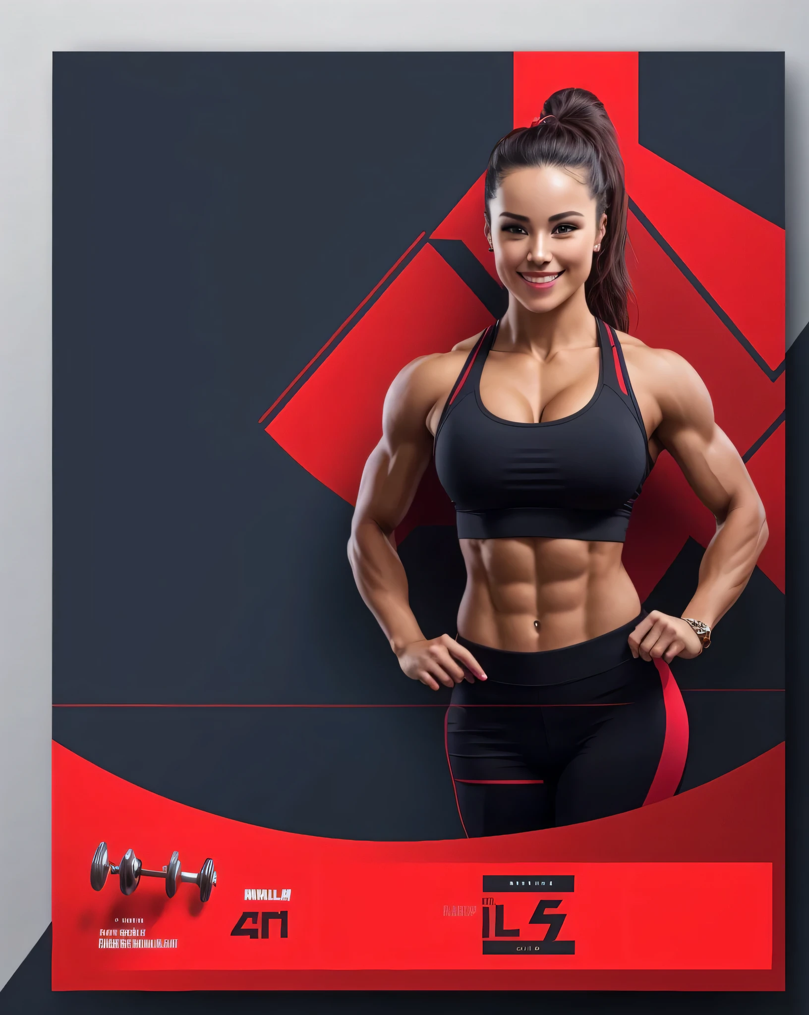 a woman smile, cute hand, posing for a picture in a gym poster, ifbb fitness body, fitness model, fit physique, fit curvy physique, fit body, fit woman, strong body, fit girl, sporty physique, athletic body, attractive sporty physique, in style of kyrill kotashev, with abs, best on adobe stock, red and black color scheme, red color theme