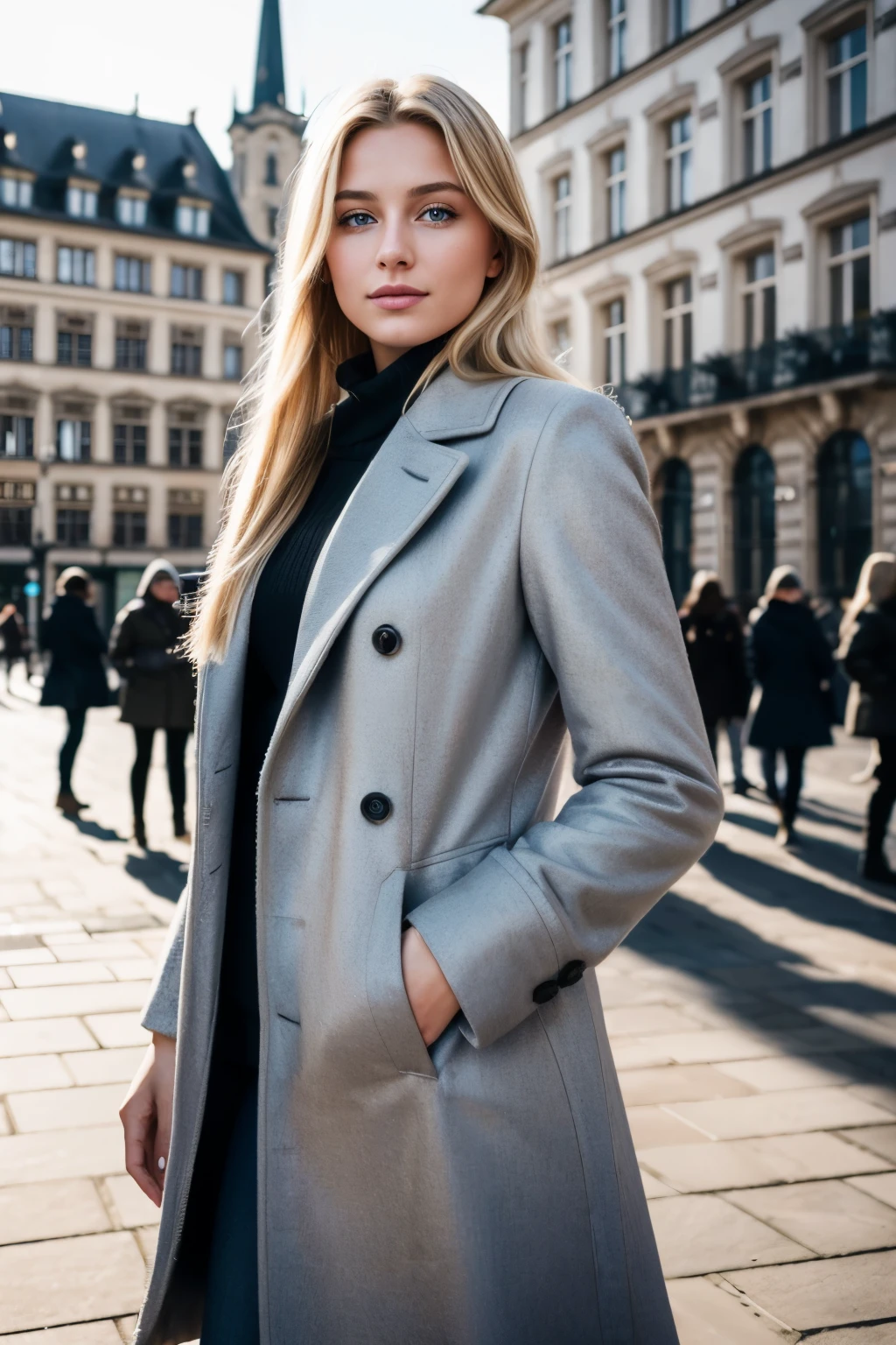 A stunning hyperrealistic photo of a 18 year old German girl with long blond hair, blue eyes, and a perfect nose, standing in a Frankfurt city square during winter. She is dressed in high-end designer clothes, with a coat that accentuates her figure. Her smile is warm and inviting, and she exudes confidence and elegance. The background reveals the bustling city, with its architecture and people. The image is captured with exceptional detail and clarity using a Canon EOS 5D Mark IV, showcasing the girl's flawless skin texture and the intricate patterns of her clothing. This photograph is a true masterpiece, offering a vivid and immersive 8K UHD experience., photo