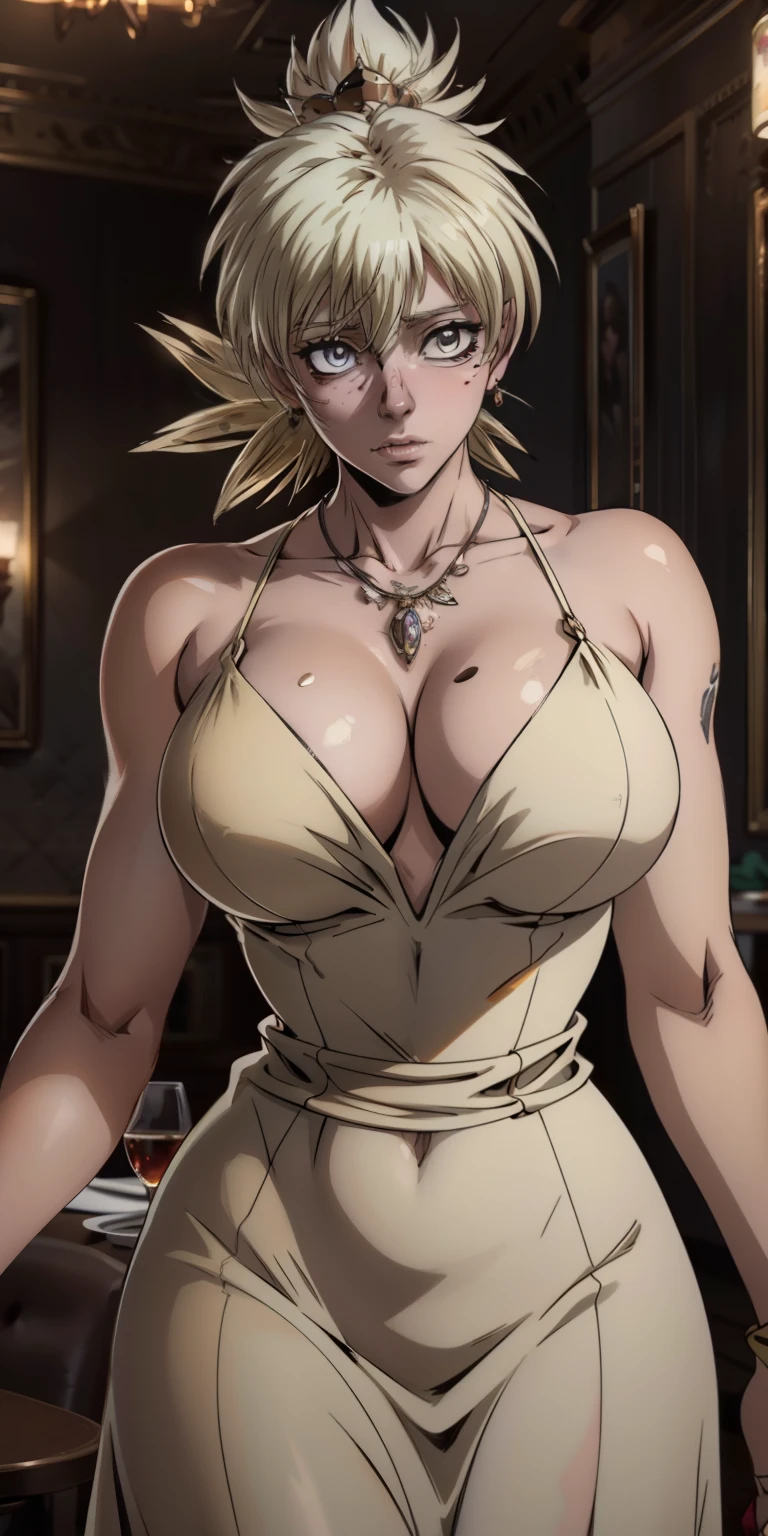Anime style, Painting, absurderes、perfect anatomia、Lucy、wearing luxury gown , hair ornament, necklace, jewelry, restaurant scene, Masterpiece, RAW Photography, 8k, Top Quality, Fine Pore, Photorealistic, Ultra Detailed, (high skin detail:1.2),Extremely detailed,Intricate, sharp-focus, seras