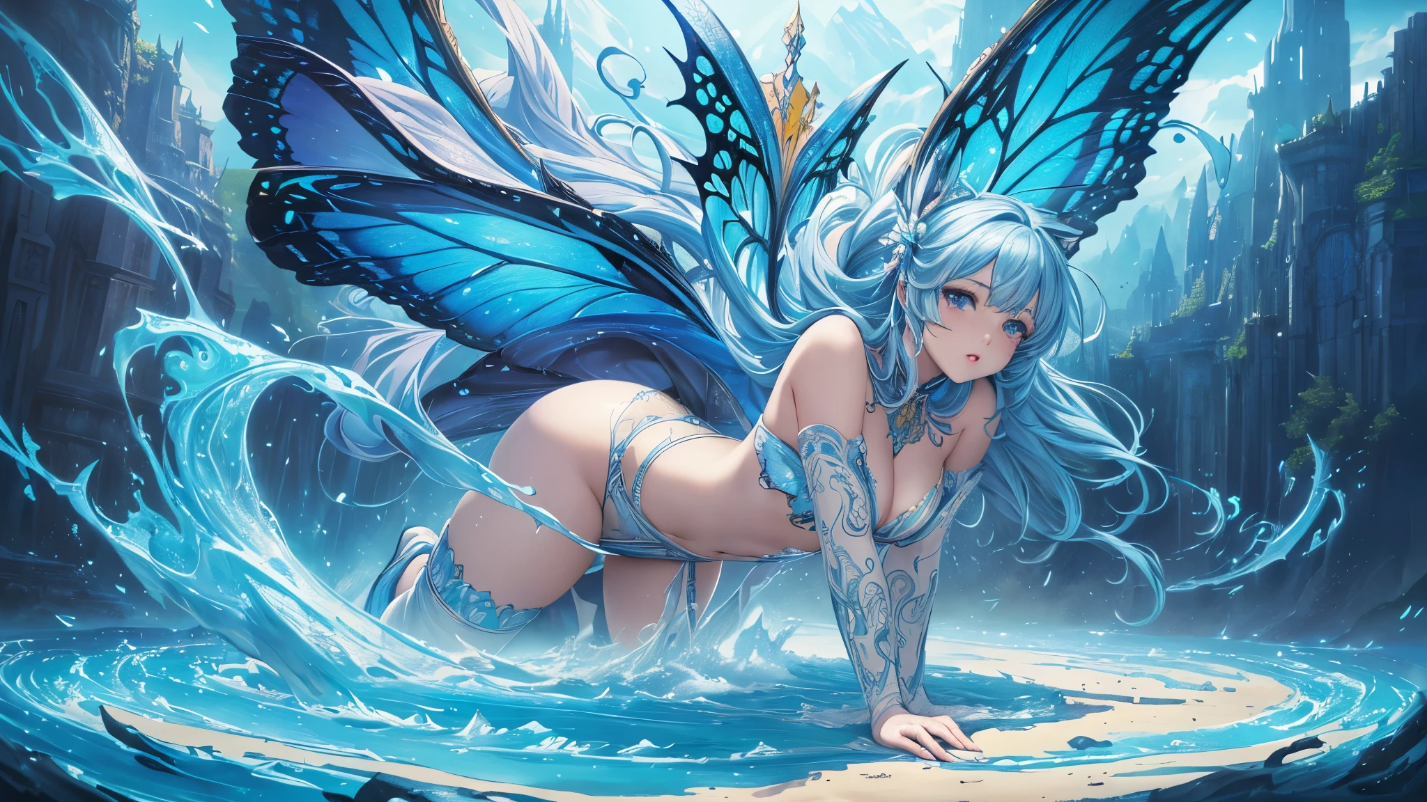 ((highest quality)),(ultra high resolution),(Super detailed),(detailed description),((best CG)),(best work of art),super precision art,amazing drawing art,(Fantasy art with precise details:1.5), Utopia of eternal spring,coloured butterflies、The blue sky spreads everywhere、clear stream、small flowers々、