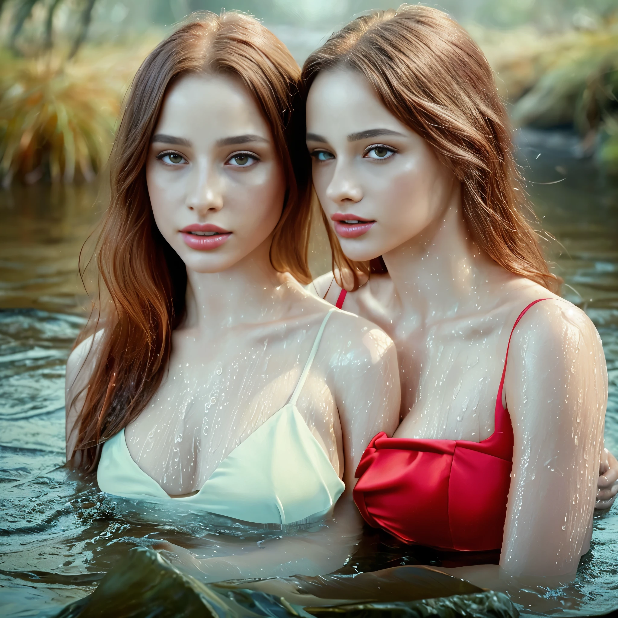 Two women sitting in the water, red dress, expensive dress, long sleeves, closeup fantasy with water magic, beautiful maidens, lesbian, looking at each other, leaning in, touching,  lips touching, wearing a dress made of water, lots of cleavage, breasts touching, realistic oil painting, dripping wet, in water up to her shoulders, beautiful realistic painting, nymph in the water, hyperrealist portrait in a river, hyperrealistic fantasy art, splashing, realistic fantasy painting, cute shot, narrow depth of field, 8k, nsfw, drenched, ((soaked)), dripping water, dripping oil, heavy clothes, soaked in oil, wet all over, rouge lipstick, wet dripping hair, transparent