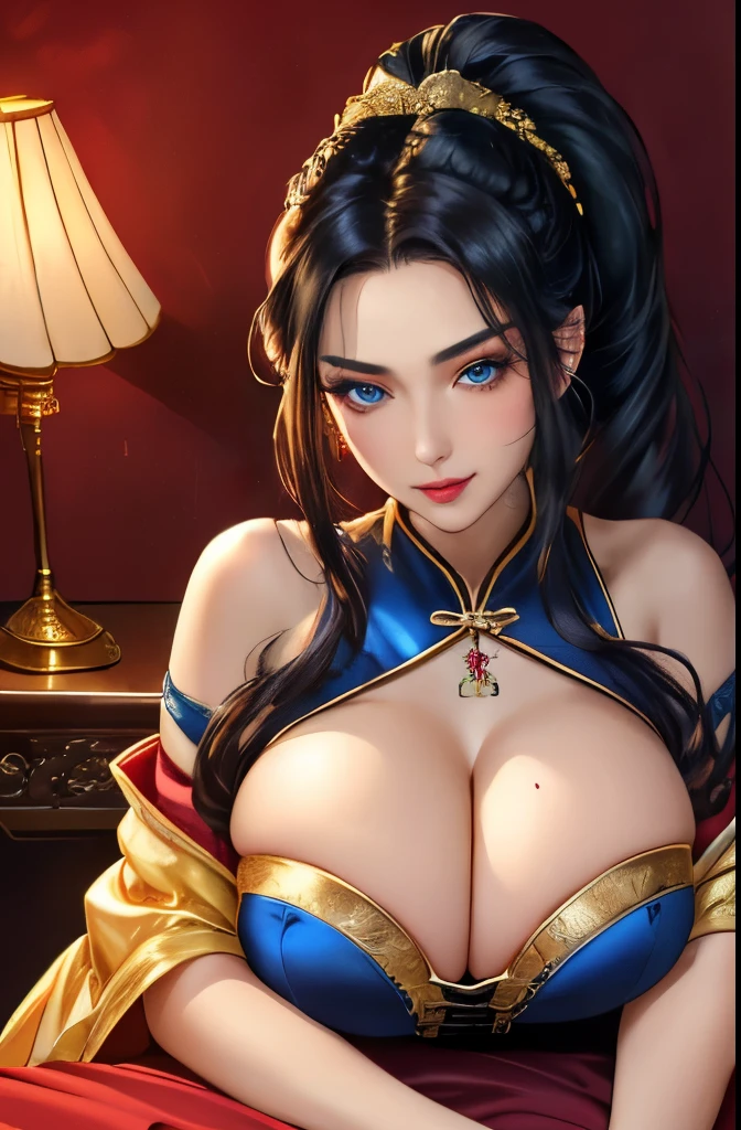 slim waist, slender torso, big pouty lips, coy smile, lips parted, blushing, almond-shaped-eyes, a Chinese beauty, 4k, 8k ), ((wide hips, thick thighs)), huge breasts, boob squish, sitting demurely on silk bed, legs crossed, backlit, looking at viewer, low camera lens shot (masterpiece), (best quality:1.2), absurdres, intricate details, (highly detailed skin:1.2), ((luminous)) (((vivid bold color))) ((cinematic presentation)), long curly black hair, blue eyes, (((SOLO))), (((CLEAVAGE))), long braided ponytail, martini glasses on table, corset and stockings, tonight's girlfriend, gold jewelry, silk pillows, bare shoulders