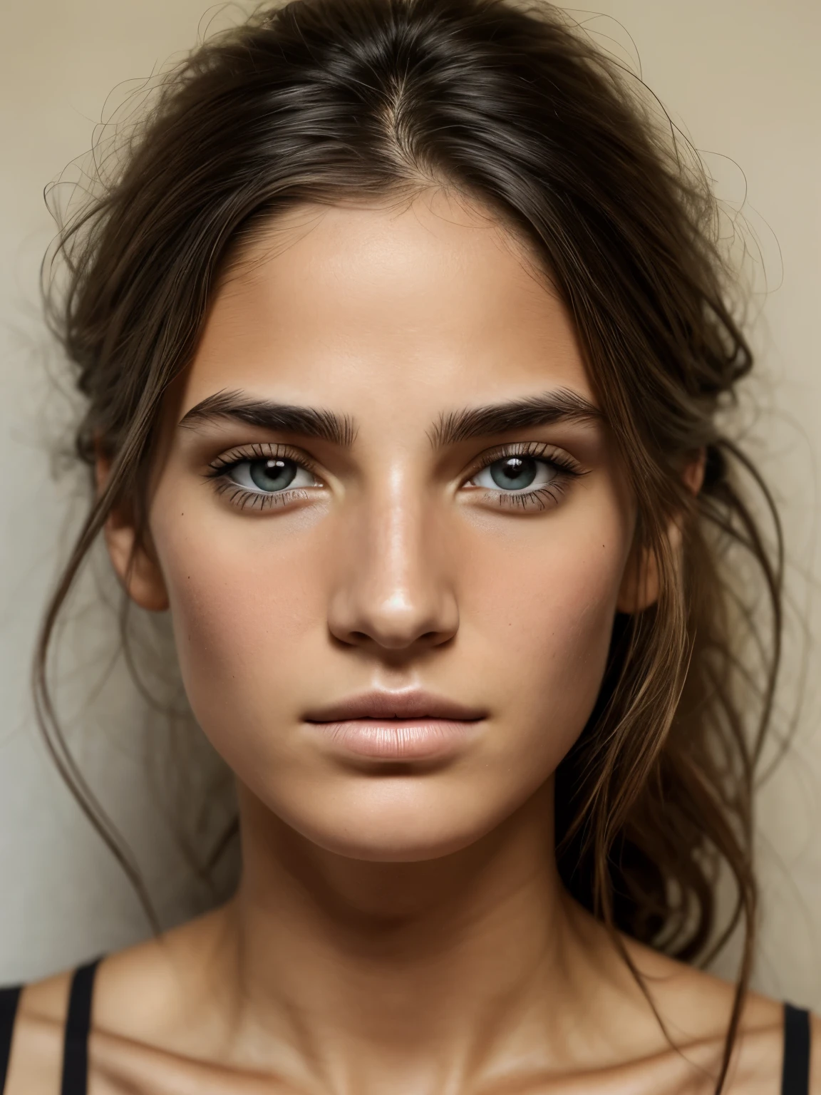 Female face, narrow set eyes, large nose, scruffy hair, weathered skin, thin lips