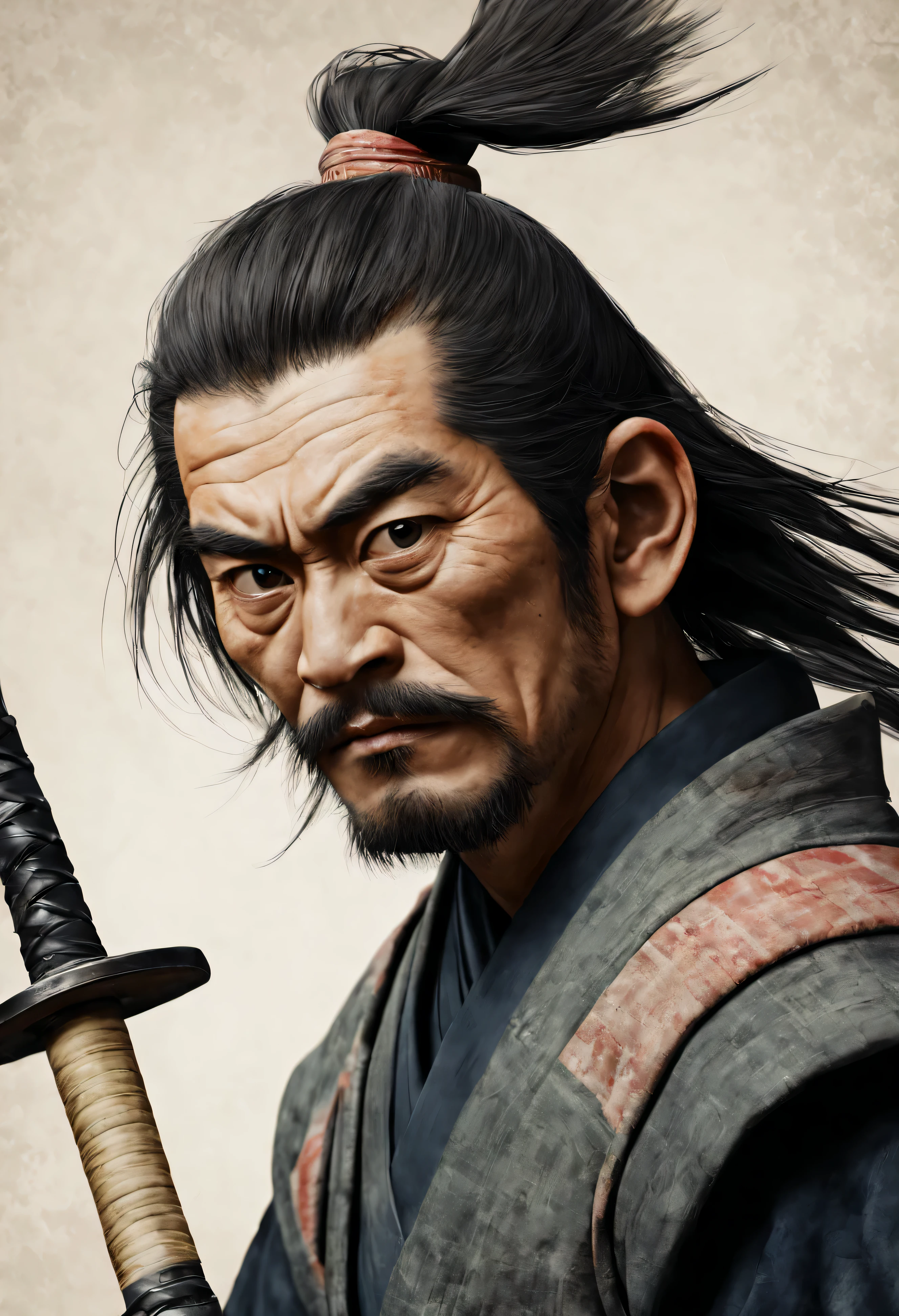 Japanese samurai, feudal Japan portrait, high quality, realistic, faded image, lines