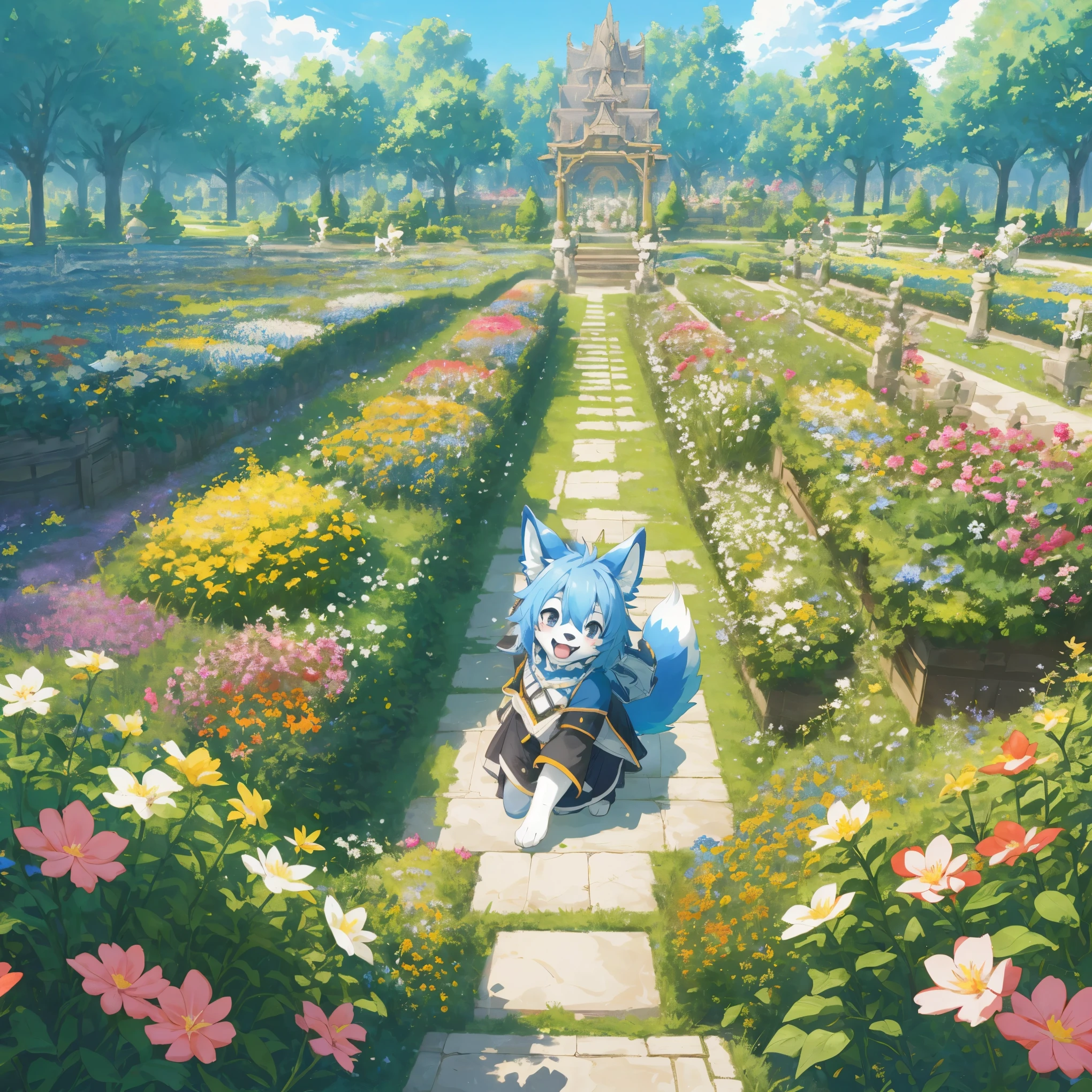 cover page, super high resolution, detailed background, World Heritage Site, flower garden, 6+boys, 6+girls, Happy, joyful, Relux, absurdres(Photos of solo travelers)(kemono, furry anthro)cinematic,