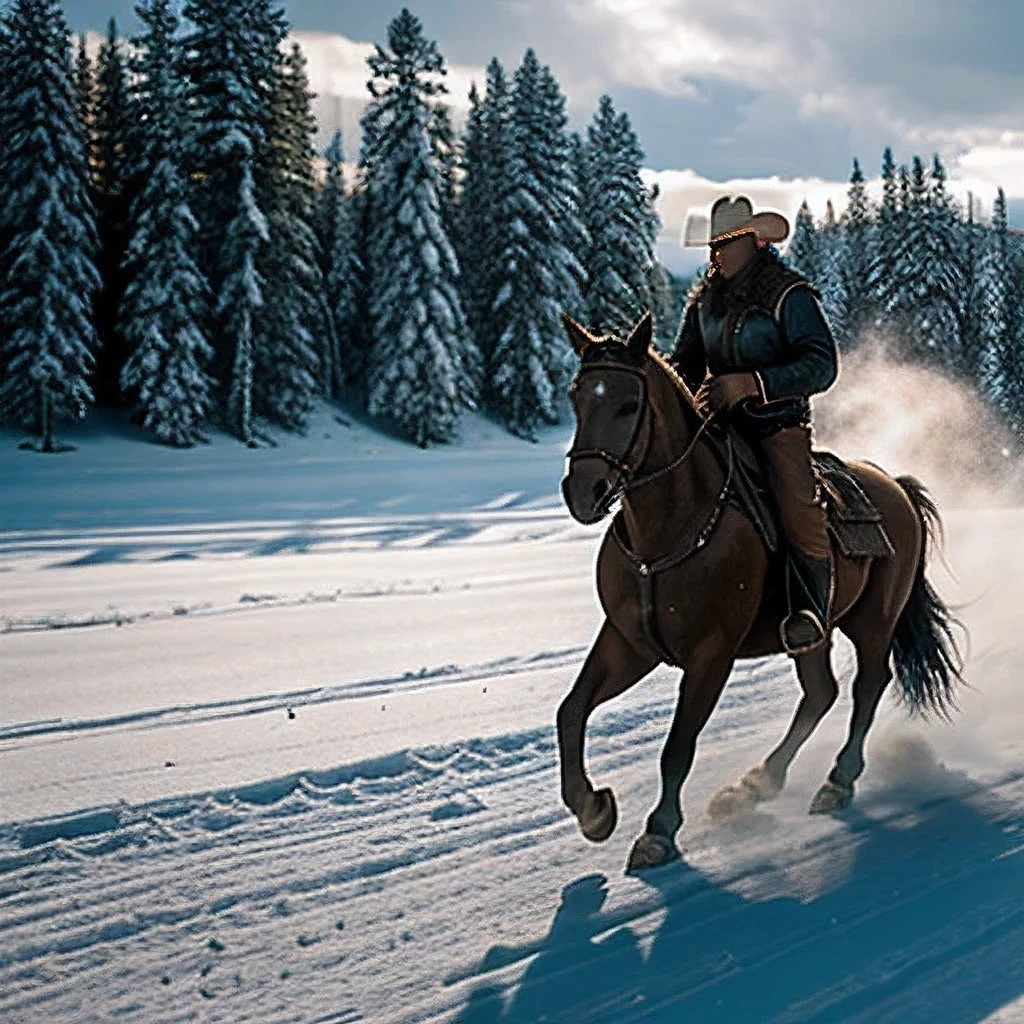 Uma imagem cativante de um cowboy, dressed in authentic leather attire and a shabby hat, cavalgando magistralmente um cavalo branco imaculado pela paisagem invernal imaculada. Flocos de neve espalham-se suavemente ao redor deles enquanto atravessam a neve intocada, the horse&#39;s breath condensing in the cold air. The cowboy&#39;s intricately detailed face reveals a determined expression as he gazes into the distance. O solto, the tactile painting style of this scene shows the textured robustness of the knight and beast, while cinematic lighting adds depth and volume to the scene with ethereal tones, volumetric rays. This breathtaking scene