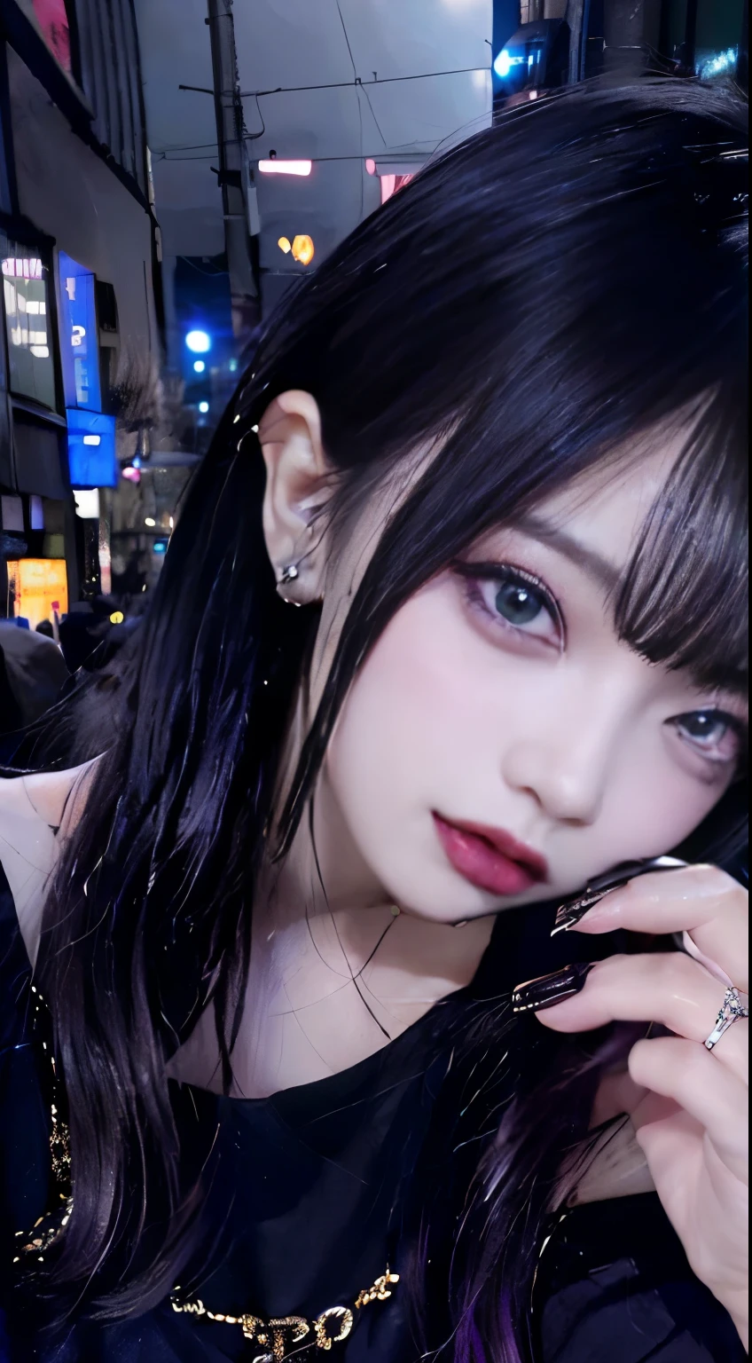 4k-ultra sharp、highest quality, masterpiece, ultra high resolution, (reality: 1.4), 1 girl, purple eyes, off shoulder, cinematic lighting、purple and black hair、(mine girl、mine makeup)、(Pierced ears、big breasts、Oversized black T-shirt with open shoulders、dark mini skirt)、((dark makeup、oil skin,sparkling skin、realistic skin texture、detailed beautiful skin、shiny skin)), dark downtown area at night、kabukicho、Dark Cyberpunk、(full shot:1.8)