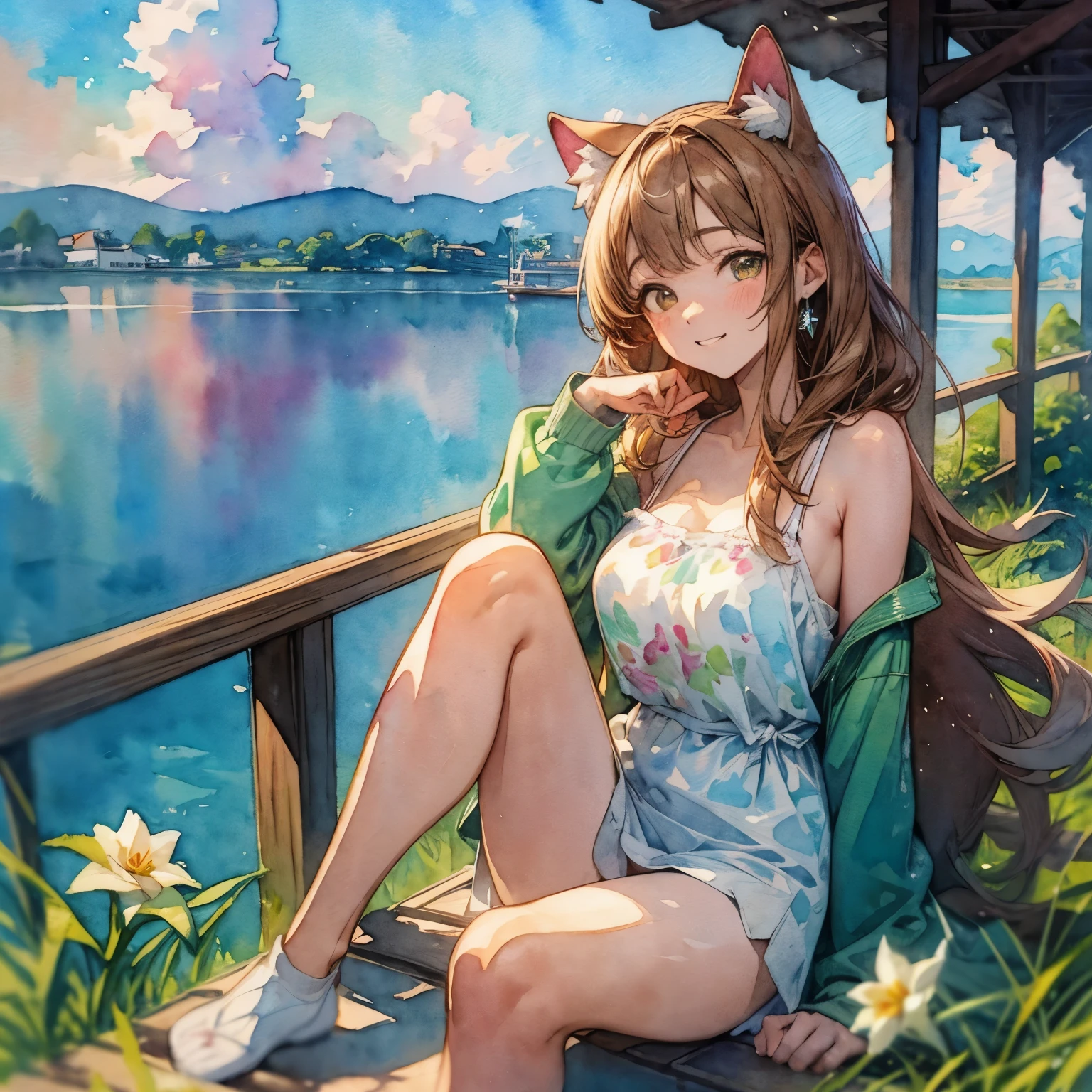 ((Masterpiece)), (Anime:1.5), ((best quality)), (RAW photo:1.2), (High Definition:1.3), (Professional Photography:1.2), (chromatic aberration), (watercolor only background:1.9),1girl, solo, ((12 years old)), put on cat ears, grin face, Full body, ((paw pose)), sitting on pier, (oversized white camisole), (Beautiful diamond eyes:1.5), (daffodil), (hyacinth), signature, red flower, pale brown hair, long hair, green eyes, cute earring, scumulonimbus cloud, landscape, (on the Tip of the pier), the lake, ((simple white background)),