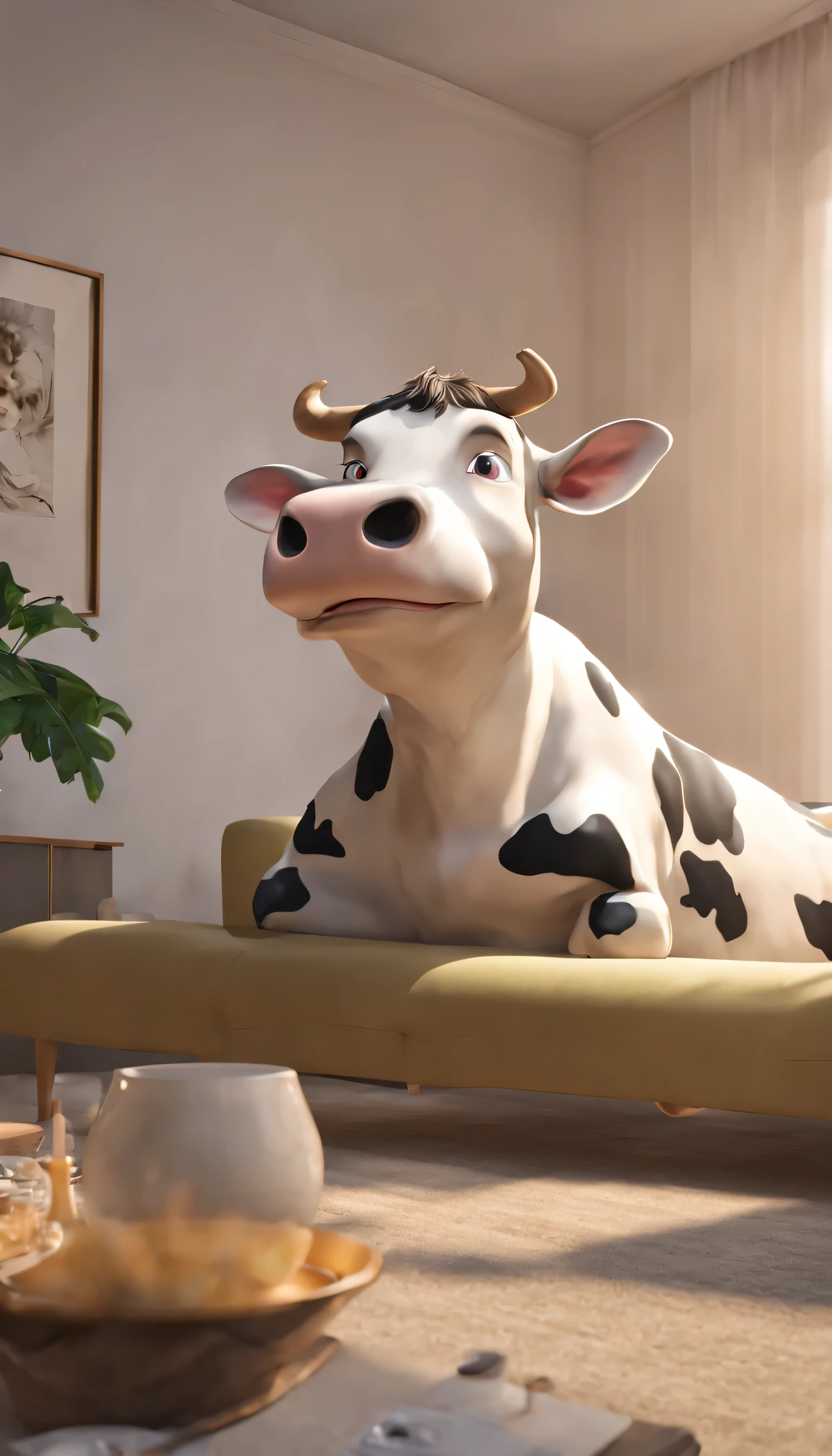 (Highly detailed CG Unity 8k wallpaper、masterpiece、highest quality、Super detailed)、(best lighting、best shadow、very delicate and beautiful)、highest quality、8k、Detailed facial depiction、masterpiece、highest quality、clear image quality、
Cartoon style cow relaxing on the sofa and watching tv。