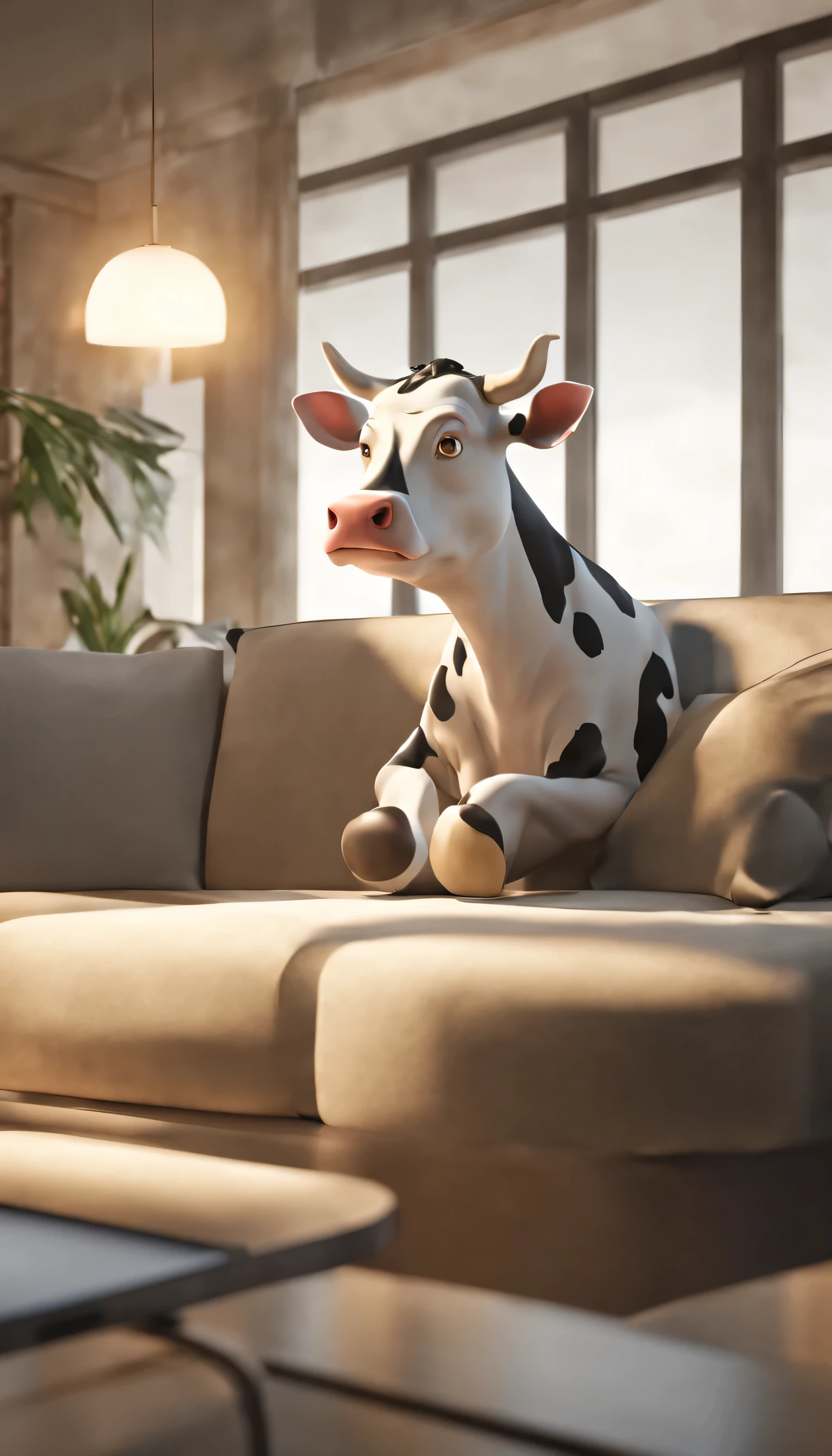 (Highly detailed CG Unity 8k wallpaper、masterpiece、highest quality、Super detailed)、(best lighting、best shadow、very delicate and beautiful)、highest quality、8k、Detailed facial depiction、masterpiece、highest quality、clear image quality、
Cartoon style cow relaxing on the sofa and watching tv。