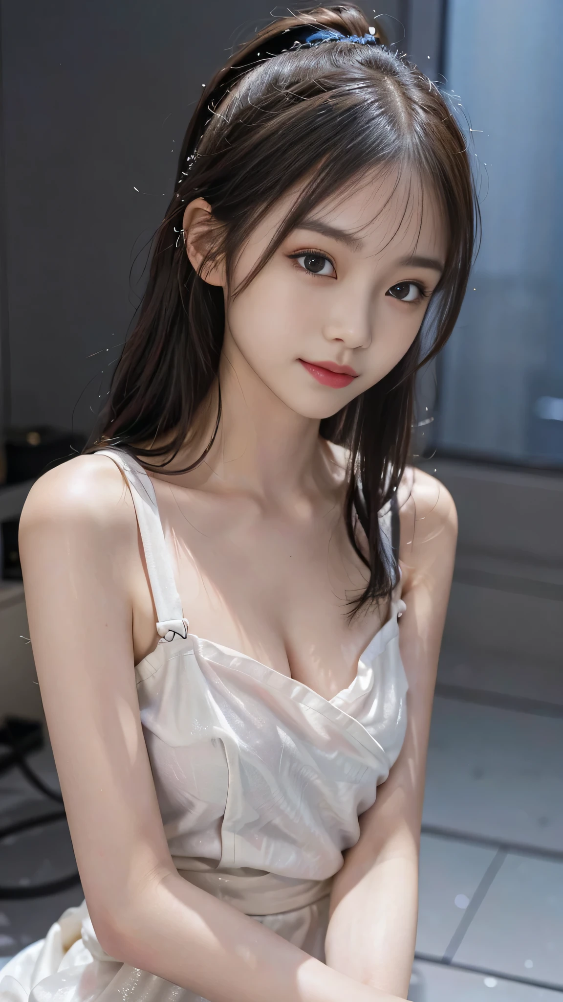 European Streets,One woman,fully body photo,masutepiece, The highest image quality, High quality, the background is clear,Beautiful woman, Japanese, Detailed, Detailed eyes, Detailed skin, Beautiful skin, 超hight resolution, (reality: 1.4),Very beautiful woman, Slightly younger face, Beautiful skin, slender, (Ultra photo realsisim), (hight resolution), (8K), (Very detailed) (beautifully detailed eyes), (super detailed), (Detailed face), view the viewer, Fine details, Detailed face, Staring straight ahead, Staring straight ahead, photos realistic, Bright lighting, Professional Lighting, Black hair,poneyTail,a baby face,fifteen years old,Hairstyle is ponytail,long ponytail hairstyle,slight smile,neat and tidy clothing,European Streets,Beautiful Japanese KPOP idol photo, hair style is ponytail, my eyes are double and wide, baby face, smile and look straight ahead, slender, small breasts,wearing a colorful long dress、Walking down the runway at a girls fashion show、on stage