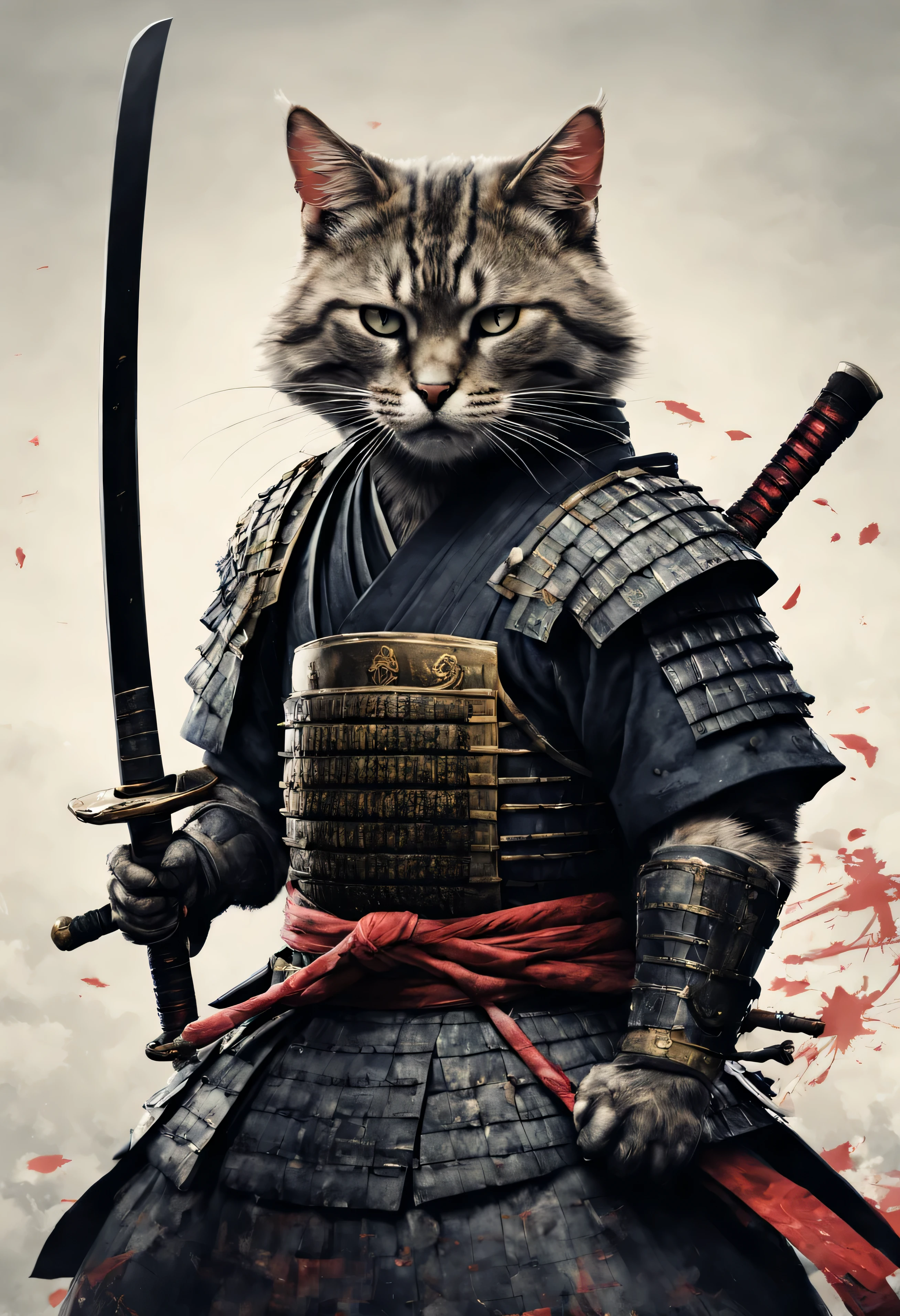 Samurai warrior cat with Katana, feudal Japan, high qulity, faded image, lines