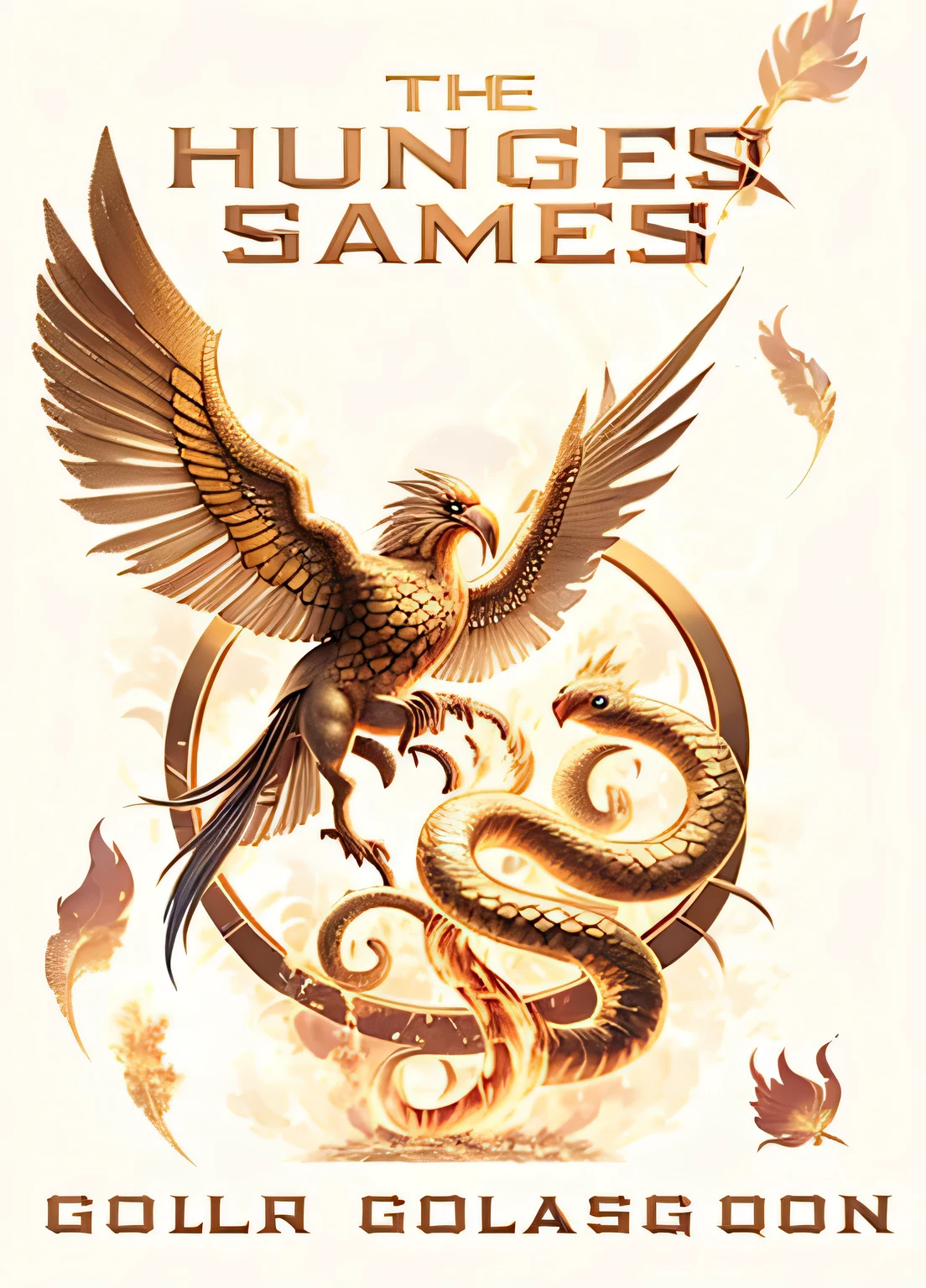 the hunger games - the complete collection, golden snakes, key art, cover shot, ocean of canvas catching fire, game key art, holding a gold! cane!, katniss everdeen, flaming torches and pitchforks, game promotional poster, textless, by John La Gatta, golden feathers, cover game art, promotional poster art, by Galen Dara