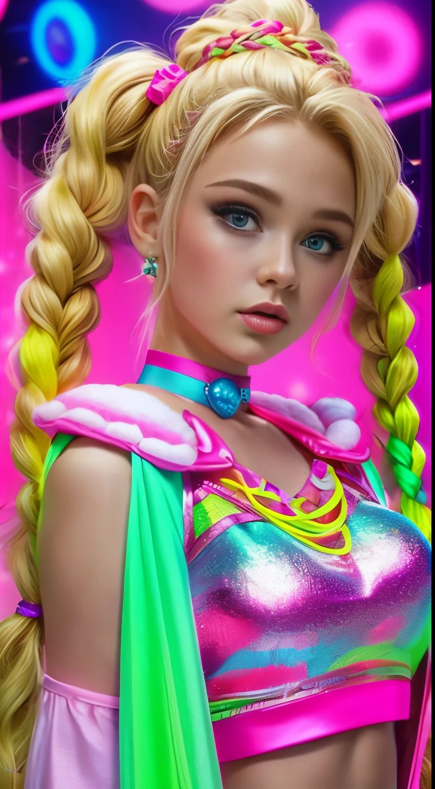 ((Brec Bassinger)) , blond woman with braids and a choker, wearing pearl neon rave outfit, colorful pigtail, blond hair with pigtails, y 2 k cutecore clowncore, blonde goddess, electronic, rave inspired, bold rave outfit, decora inspired, cute rave outfit, divine ray over her head, brief rave outfit, cute outfit, lone female goddess