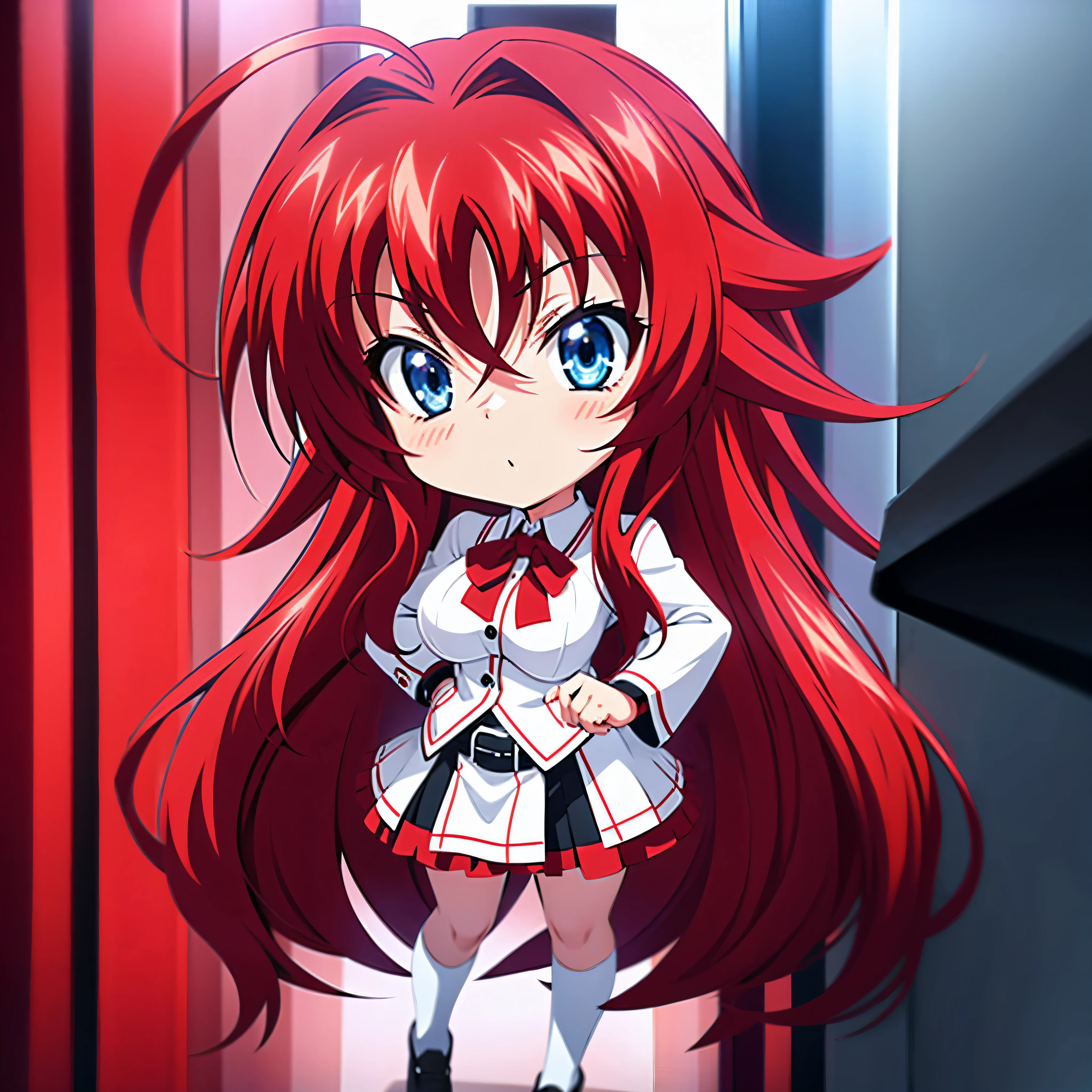 Chibi version of the anime Rias Gremory with red hair, olhos azuis, penteado alto, high school uniform, Corpo todo, apontando para si mesma