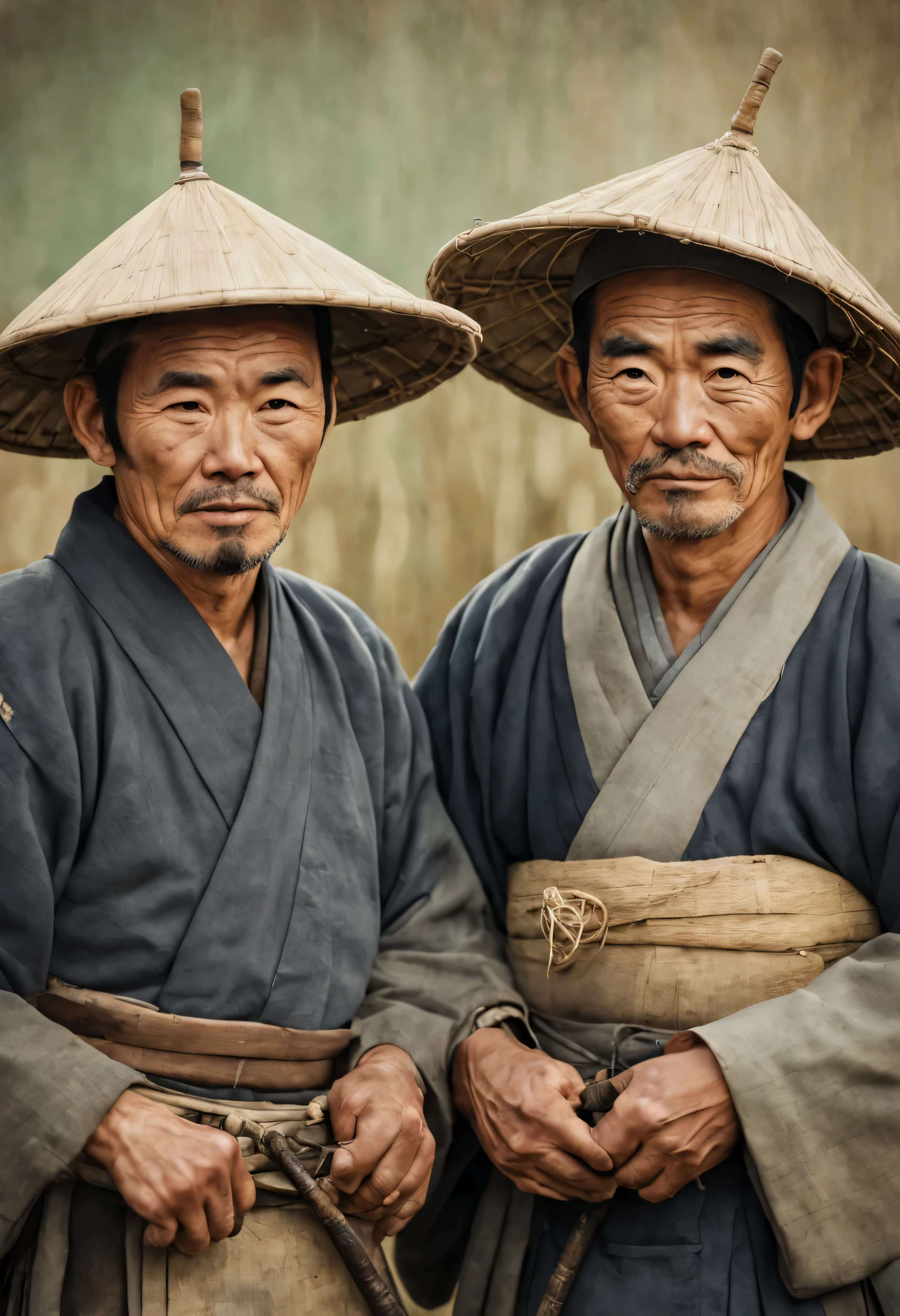 Japanese farmers, feudal Japan portrait, high quality, realistic, faded image, lines