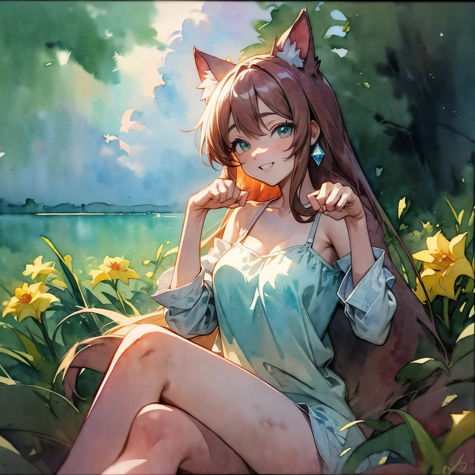 ((Masterpiece)), (Anime:1.5), ((best quality)), (RAW photo:1.2), (High Definition:1.3), (Professional Photography:1.2), (chromatic aberration), (watercolor only background:1.9),1girl, solo, (()), put on cat ears, grin face, ((paw pose)), sitting on pier, (oversized white camisole), (Beautiful diamond eyes:1.5), (daffodil), (hyacinth), signature, red flower, pale brown hair, long hair, green eyes, cute earring, scumulonimbus cloud, landscape, (on the Tip of the pier), the lake, ((simple white background)),