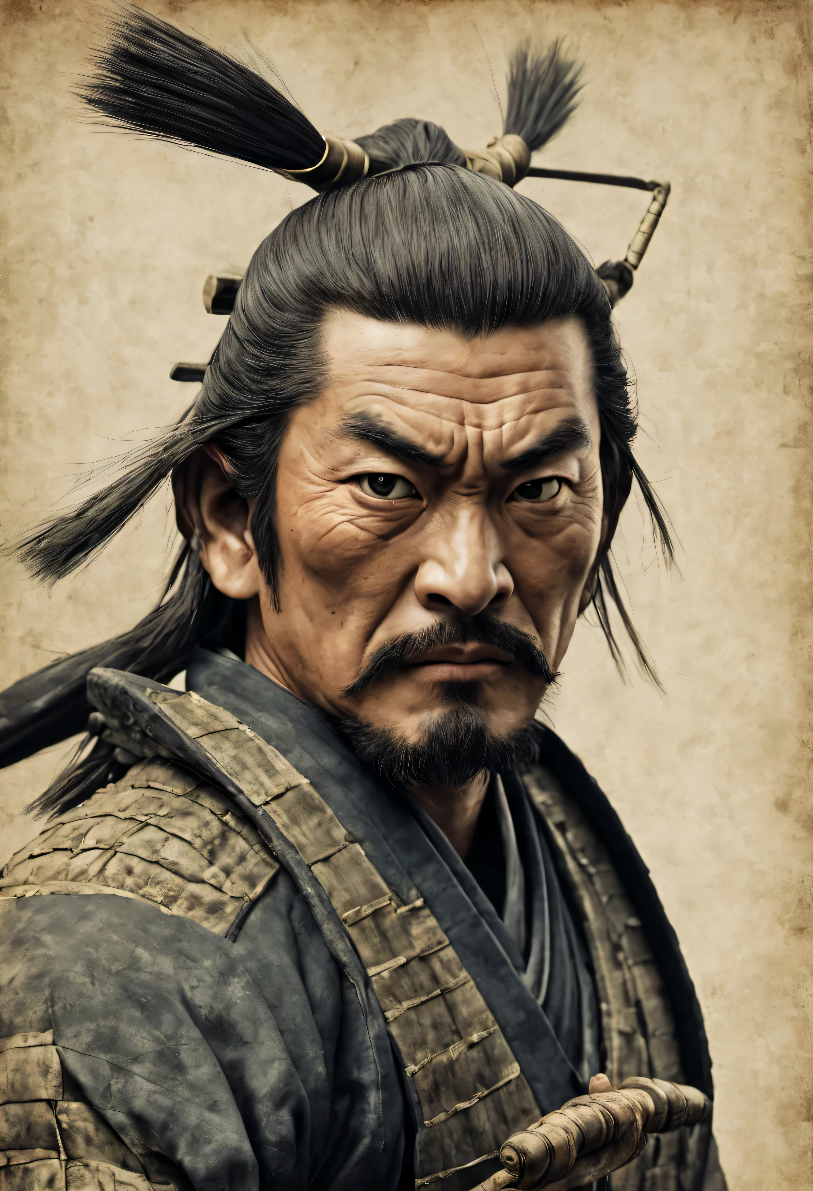 Japanese samurai, feudal Japan portrait, high quality, realistic, faded image, lines