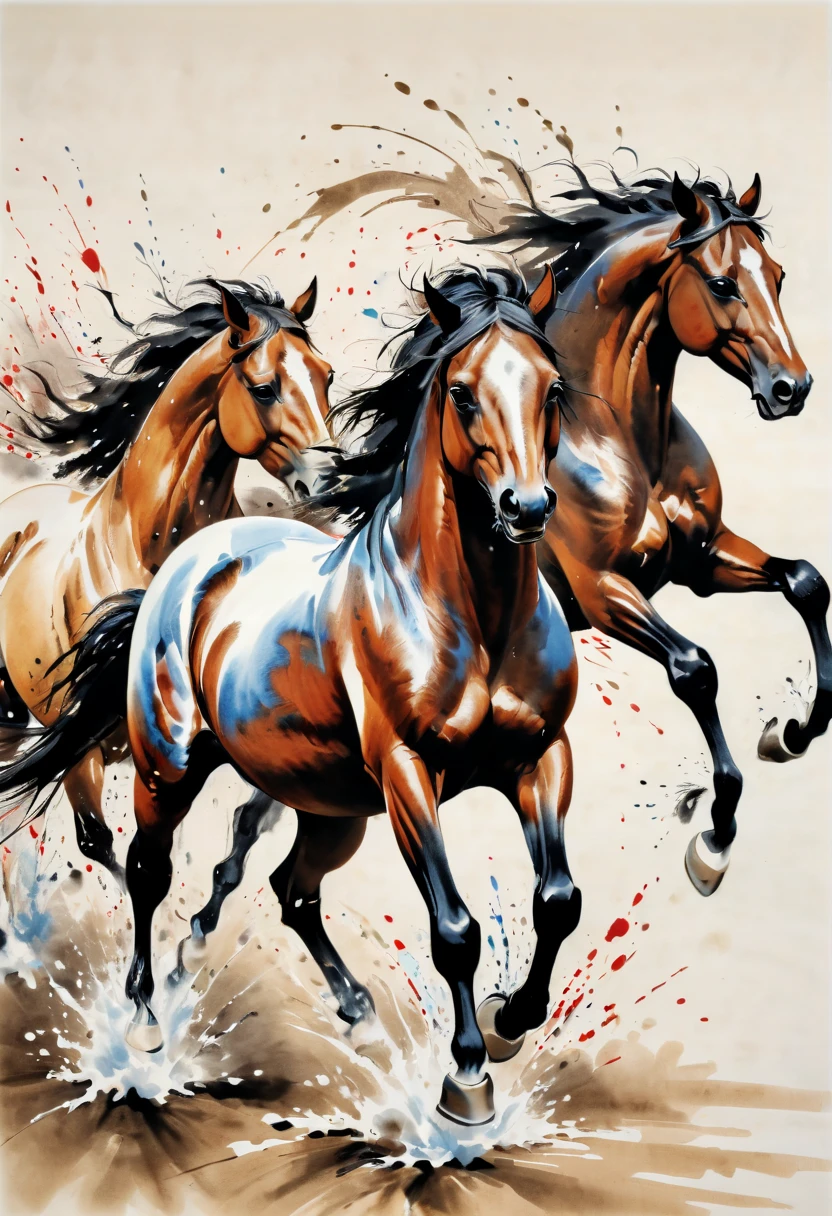 ink splash, paint splatter, Running horses, by Qi Baishi, intricate, (best quality, masterpiece, Representative work, official art, Professional, 8k)