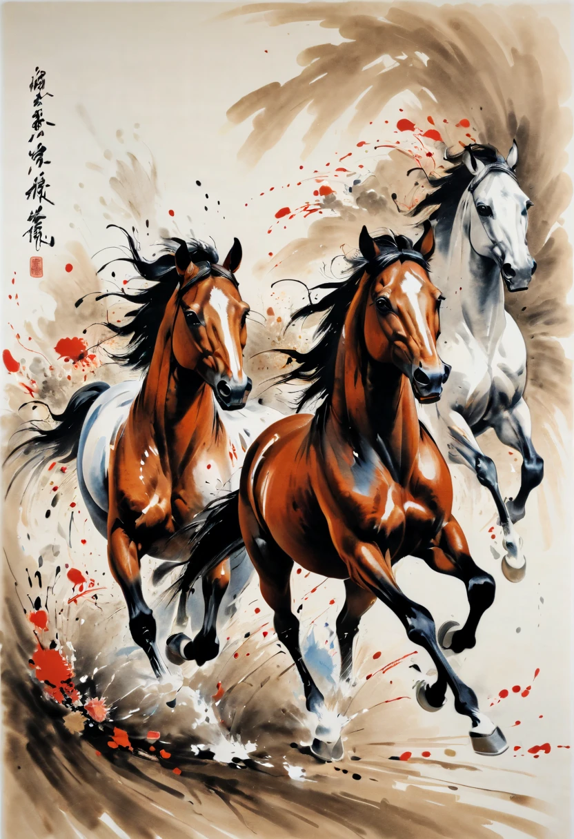 ink splash, paint splatter, Running horses, by Qi Baishi, intricate, (best quality, masterpiece, Representative work, official art, Professional, 8k)