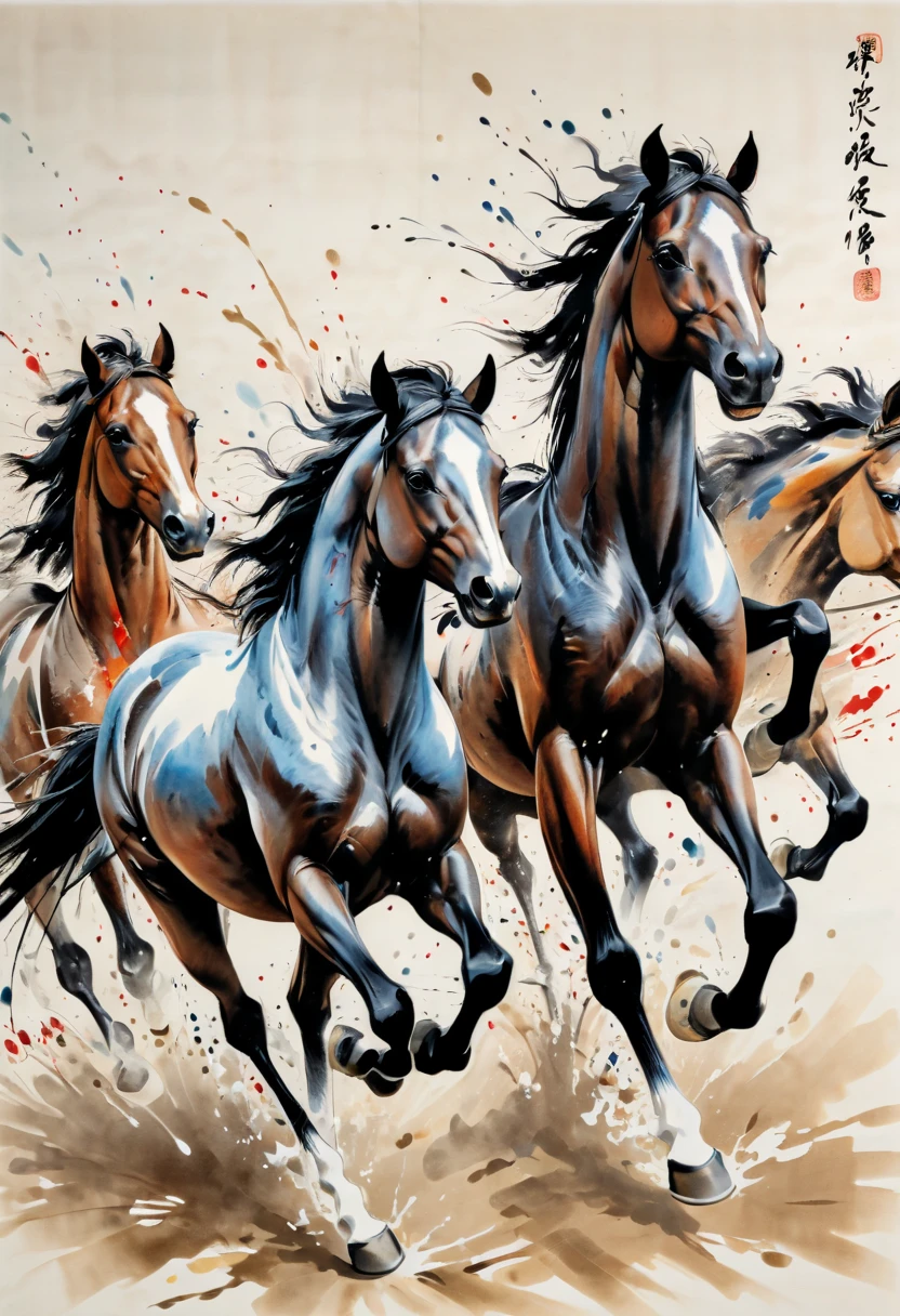 ink splash, paint splatter, Running horses, by Qi Baishi, intricate, (best quality, masterpiece, Representative work, official art, Professional, 8k)