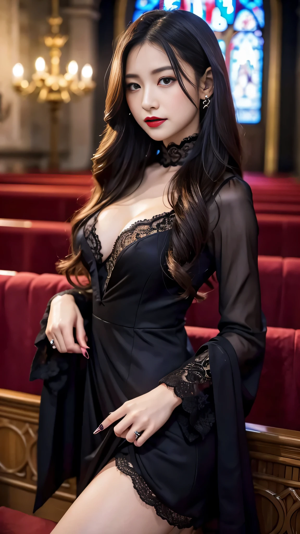 Super detailed、Japanese、charming beauty、seductive adult woman、Beautiful woman、sharp eyes、cool girl、wavy hair、suit、wearing a lace insert dress、Lustrous legs、evilの幹部、evil depravity、brainwashing、Mind control、lipstick、grin、evilな表情、evil、empty eyes、evil、church at night、vampire、vampire、look down、Hypnosis