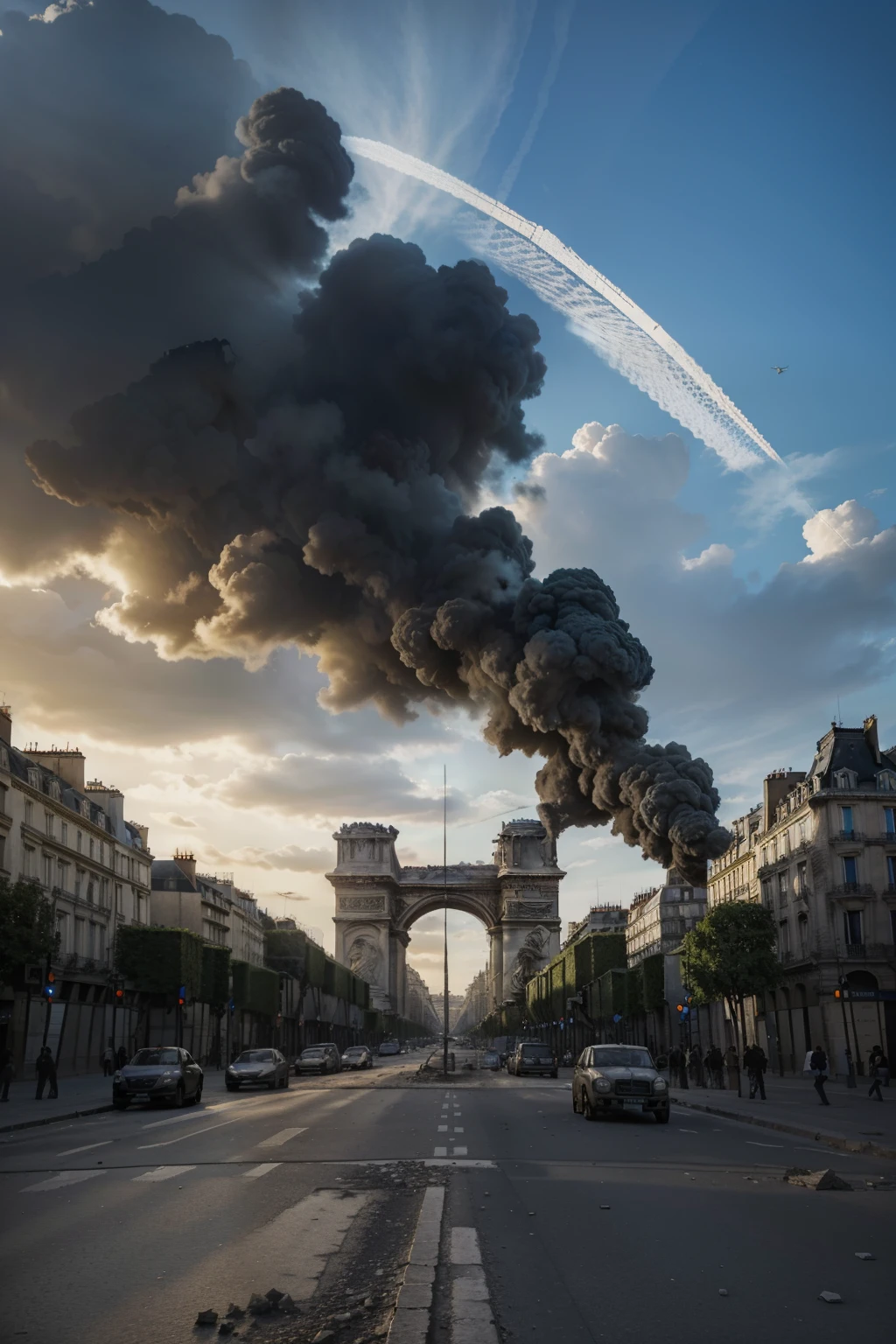 In the heart of the once enchanting City of Paris, now transformed into an apocalyptic wasteland, every crack and crumble comes to life in stunning 8K and HD resolution. The Ultra-Realistic imagery reveals the grim details of the shattered streets, where the remnants of iconic landmarks stand in despair. The Louvre's shattered walls weep rubble as the Arc de Triomphe's twisted ironwork reaches skyward, contrasting the contrasting blue and grey tones of the bombed-out Parisian skyline. Ruins and rubble accentuate the empty streets, the peace disturbed only by the occasional sounds of birds scavenging for