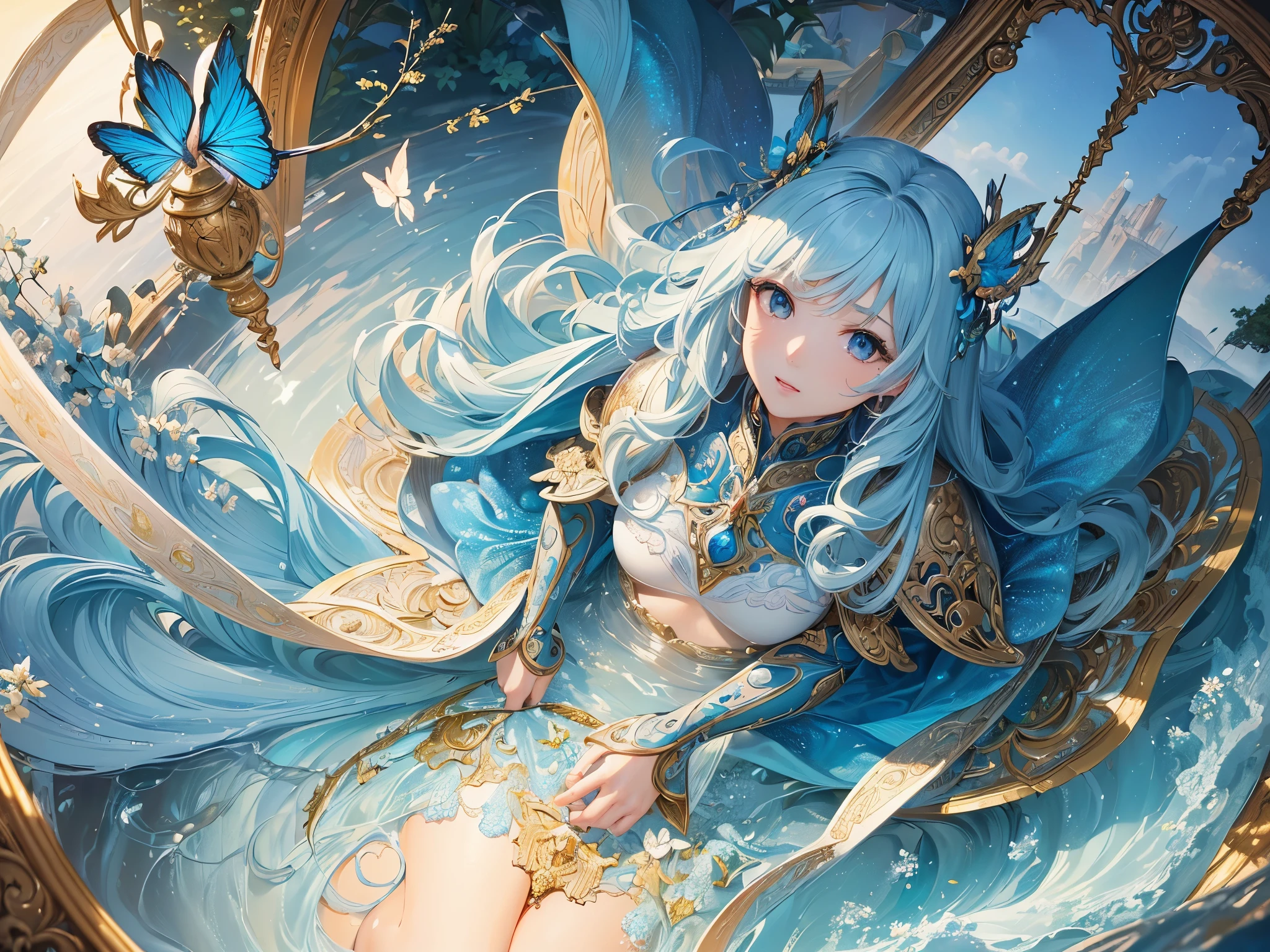 ((highest quality)),(ultra high resolution),(Super detailed),(detailed description),((best CG)),(best work of art),super precision art,amazing drawing art,(Fantasy art with precise details:1.5), Utopia of eternal spring,coloured butterflies、The blue sky spreads everywhere、clear stream、small flowers々、
