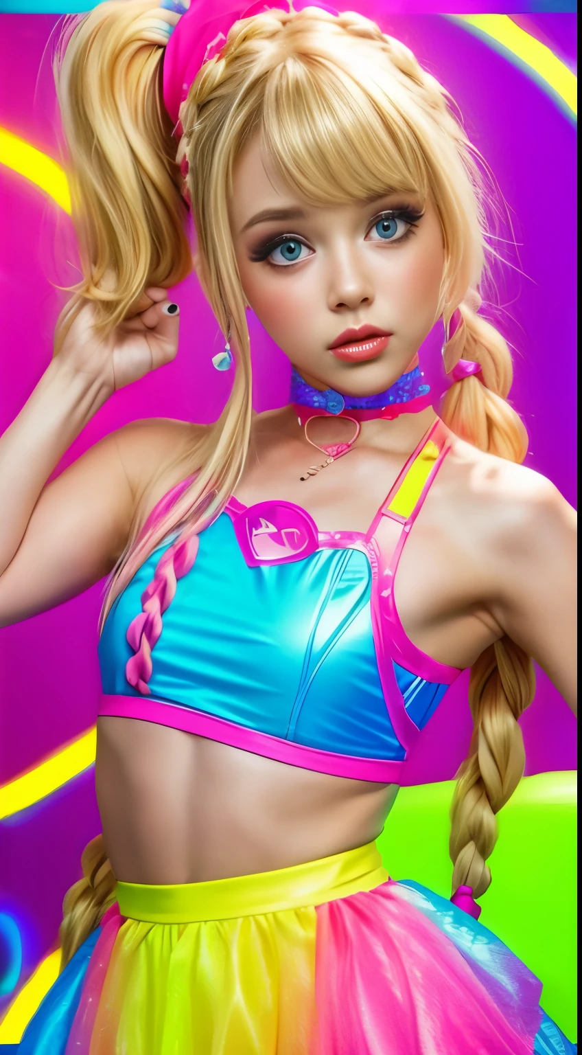 blond woman in a bikini with braids and a choke, wearing pearl neon bikini, colorful pigtail, blond hair with pigtails, y 2 k cutecore clowncore, blonde goddess, electronic bikini, rave inspired, bold rave outfit, decora inspired, cute rave outfit, divine ray over her head, rave outfit, cute bikini, lone petite female goddess