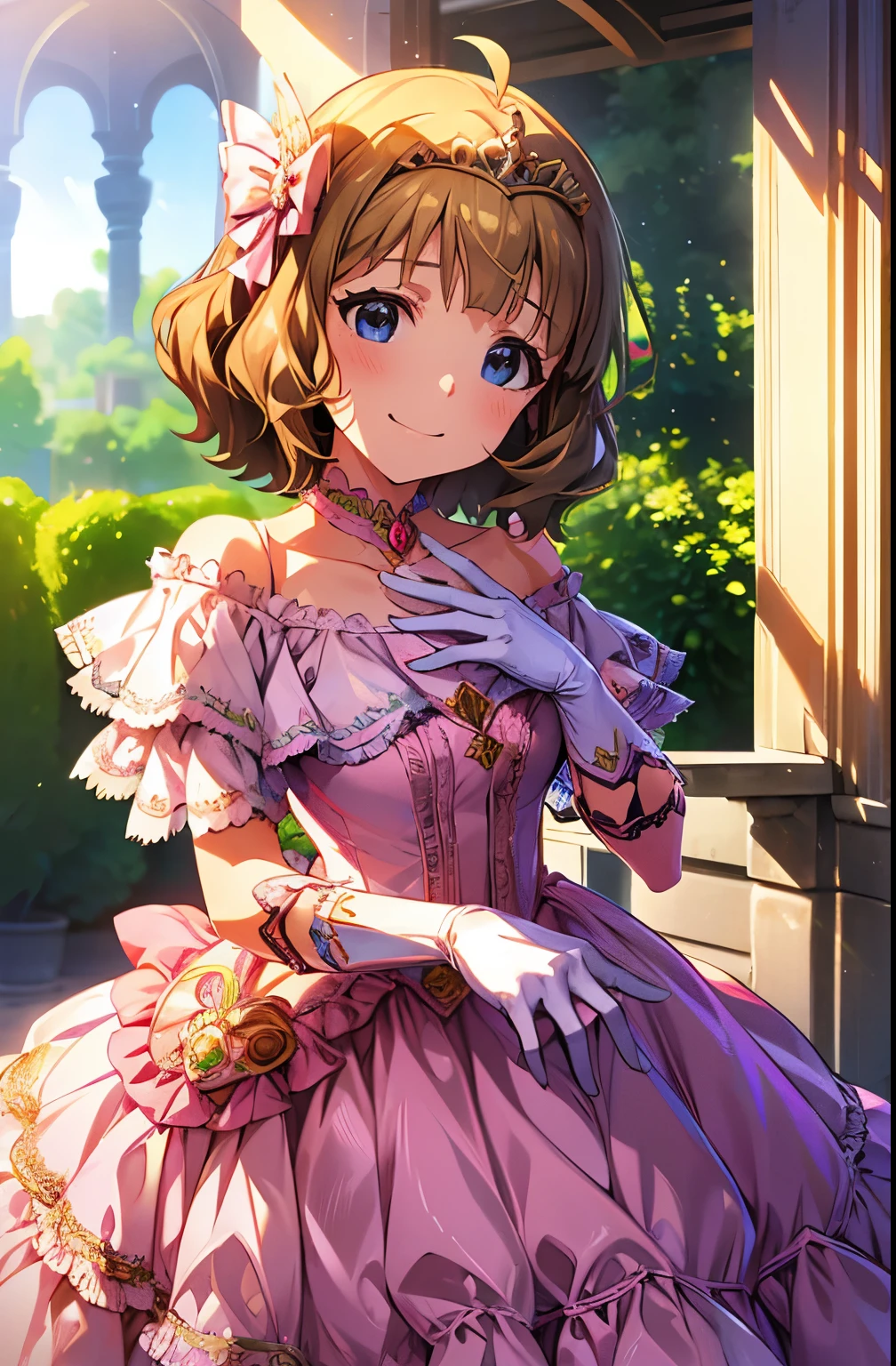 momoko suou (million live), 1 girl, alone, pretty girl, highest quality, Ultra-DetaileD, 8k, High resolution, Detailed face, looking at the viewer, light smile, ((princess line dress:1.2, pink dress, frilled dress, off shoulder, tiara, long gloves)), in the beautiful garden,