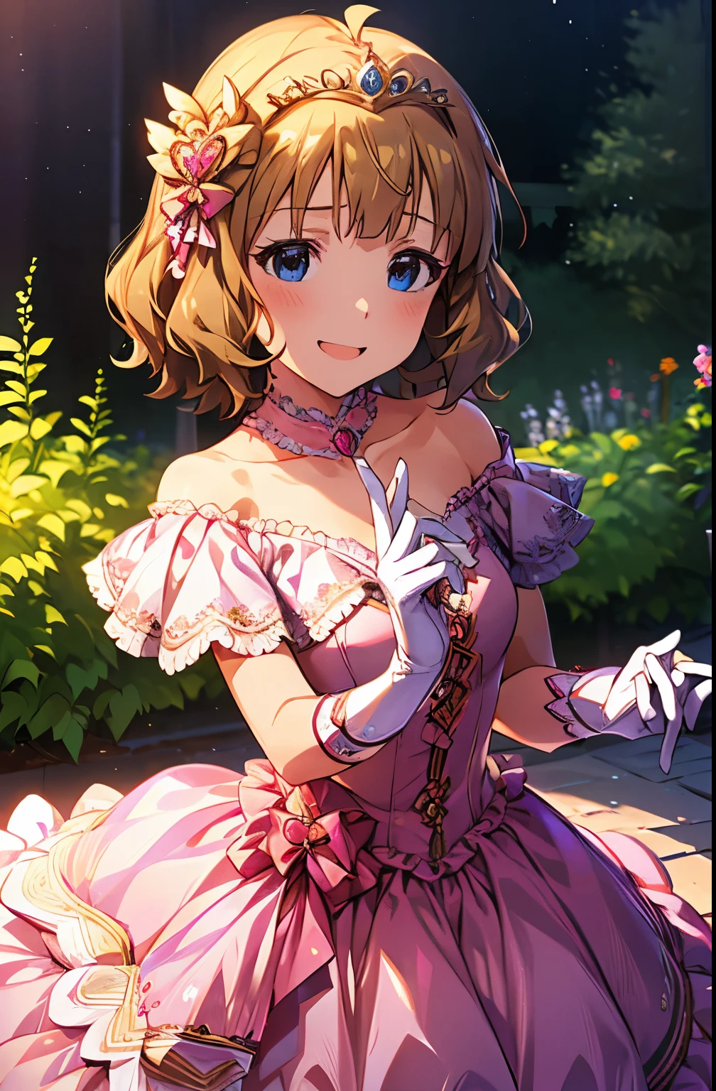 momoko suou (million live), 1 girl, alone, pretty girl, highest quality, Ultra-DetaileD, 8k, High resolution, Detailed face, looking at the viewer, light smile, ((princess line dress:1.2, pink dress, frilled dress, off shoulder, tiara, long gloves)), in the beautiful garden,