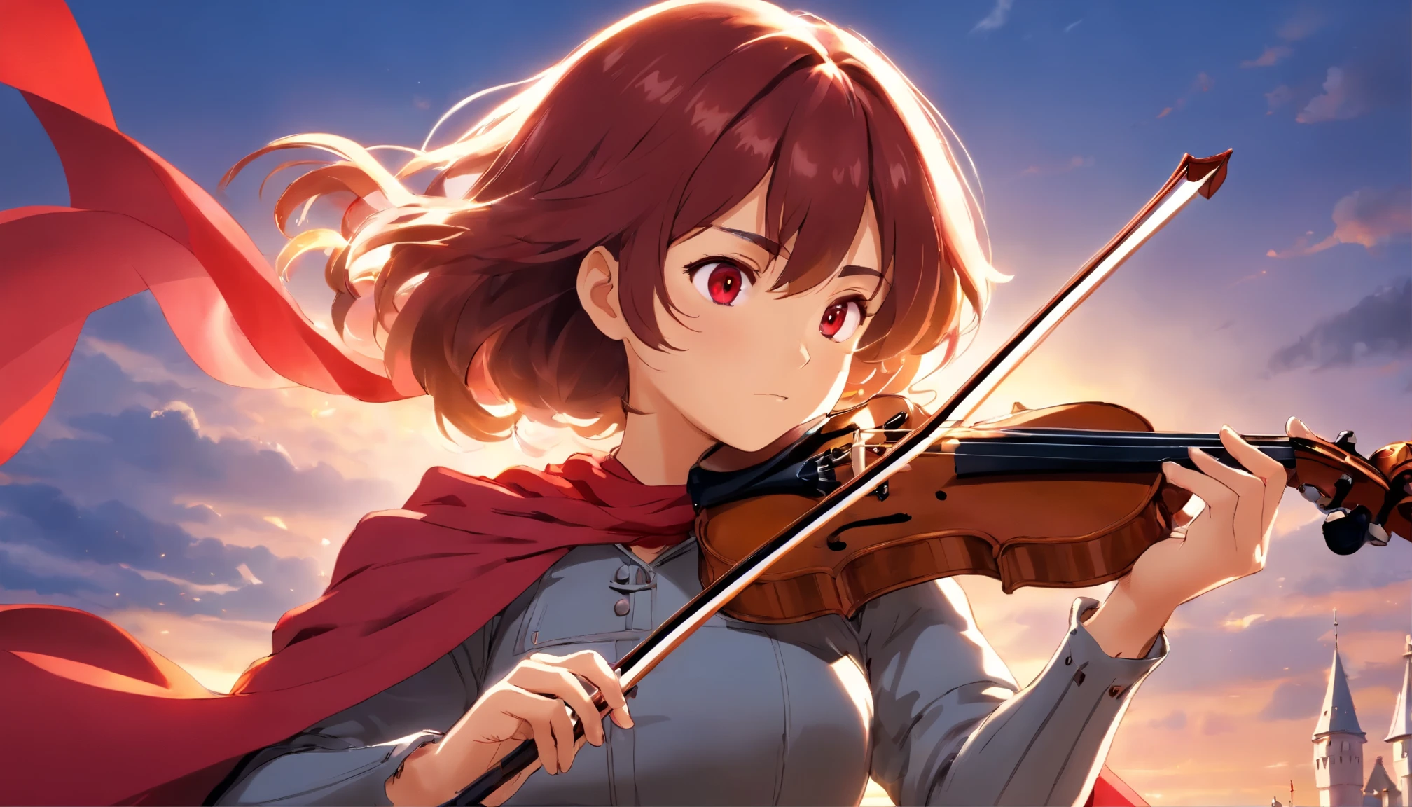 (Realism, photorealism: 1.3), backlight, woman, knight armor, playing the violin, specific and exquisite shape, the red scarf waves in the wind, the knight's eyes are red light, and the battle posture is drawn