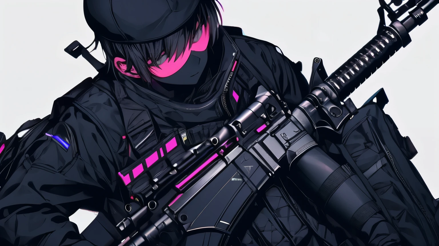 male french milsim with AR-15 neon vibe dressed in black with plate carrier, gloves, tactical pants 