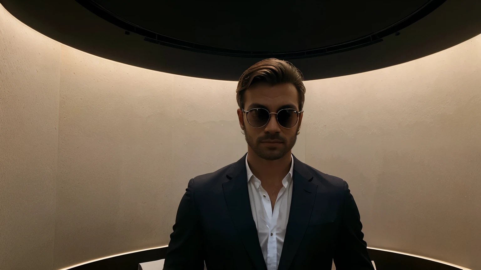 obra de arte, melhor qualidade, homem oculos redondos, meia idade, vestindo um fato elegante, sentado, designing an avant-garde building, studio lighting