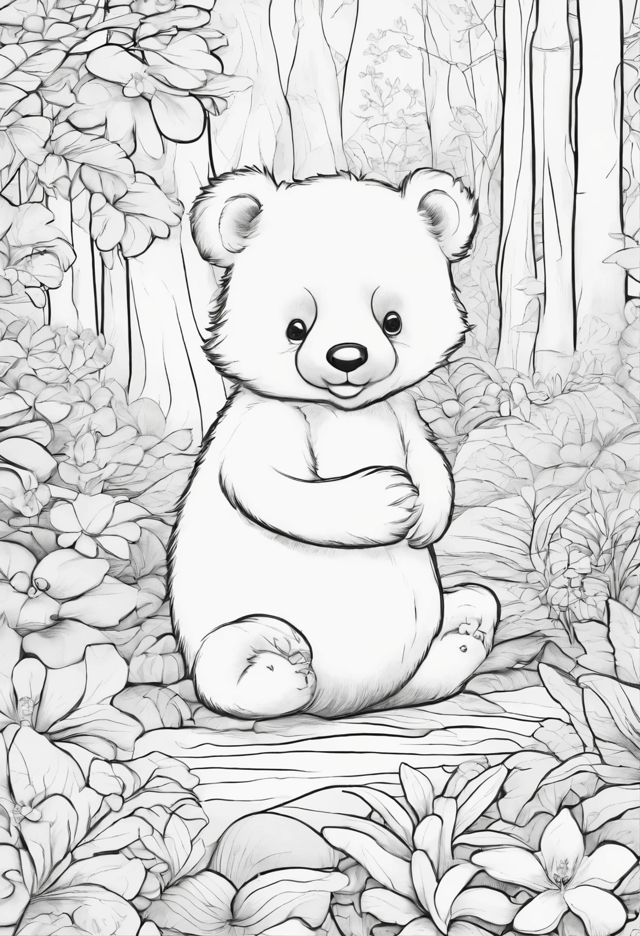 Line drawing, Pixar style, coloring An adorable little bear resting in his den among vibrant orchids, eating fruits in a North American inspired forest, detailed background of wooded mountainous areas. ColoringBookAF, Coloring Books on Blank White Background Redmond-Coloring BookChildhood Strokes Coloring Book, Thick Lines, No Color, White Background, Dashes Only