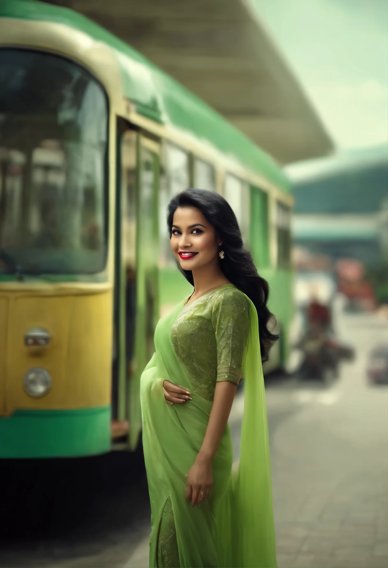 A Gorgeous long black haired female Indonesian West Javanese Married Women wears light green baju kurung with a calm face and light laugh, nurturing her just about to relaxing near street at bus stop, futuristic bus station, an epic masterpiece hyper realistic digital art of Frank Bellamy, professional color grading by Kenneth Hines Jr. , 80's European Color Comic Style real face